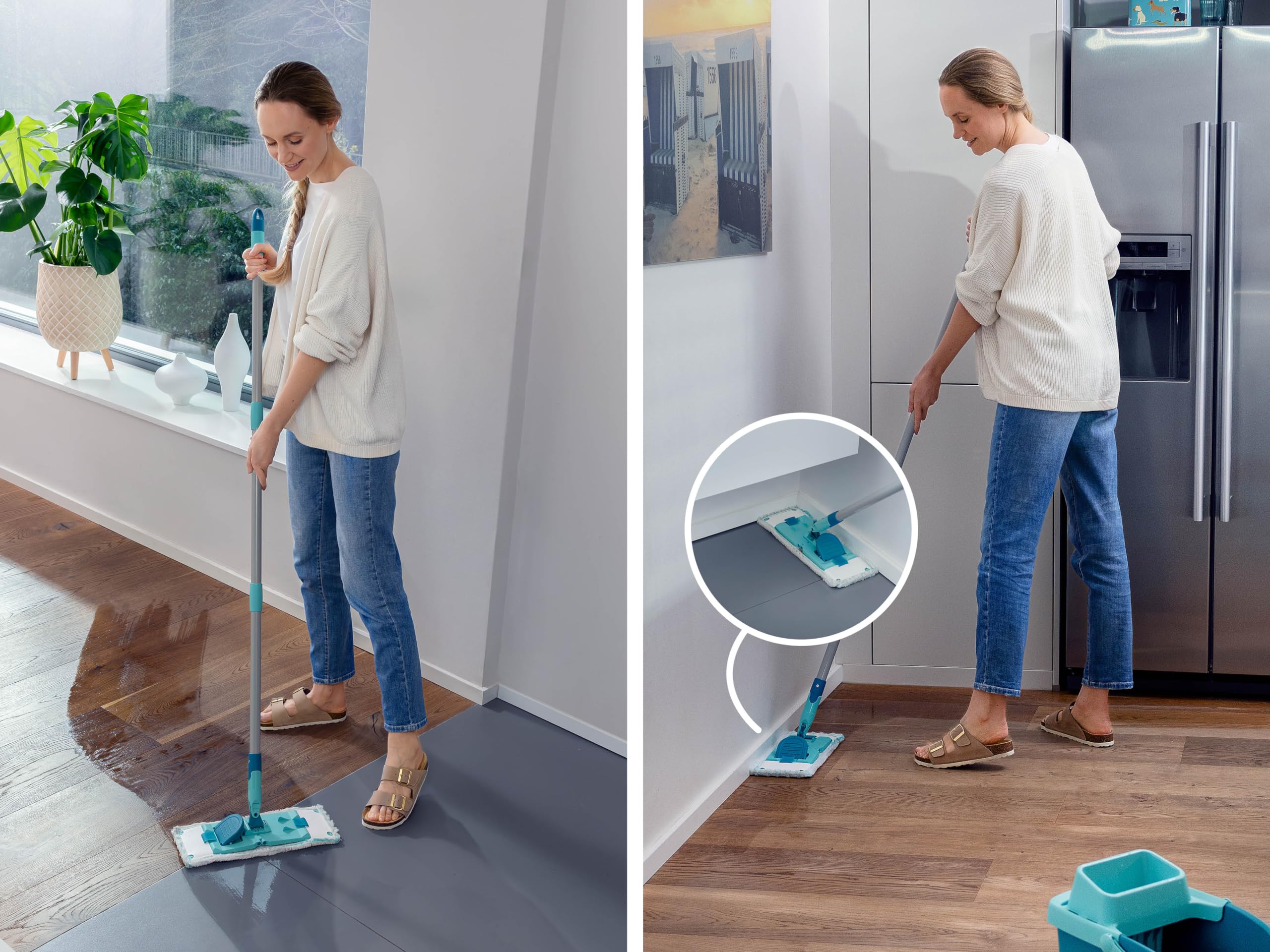 Leifheit Set PowerClean M, Balai serpillère et Seau essoreur ménageant Le Dos, kit avec 2 Housses serpillière Micro Duo pour Un Nettoyage en Profondeur, mécanisme d'essorage Facile, Click-System