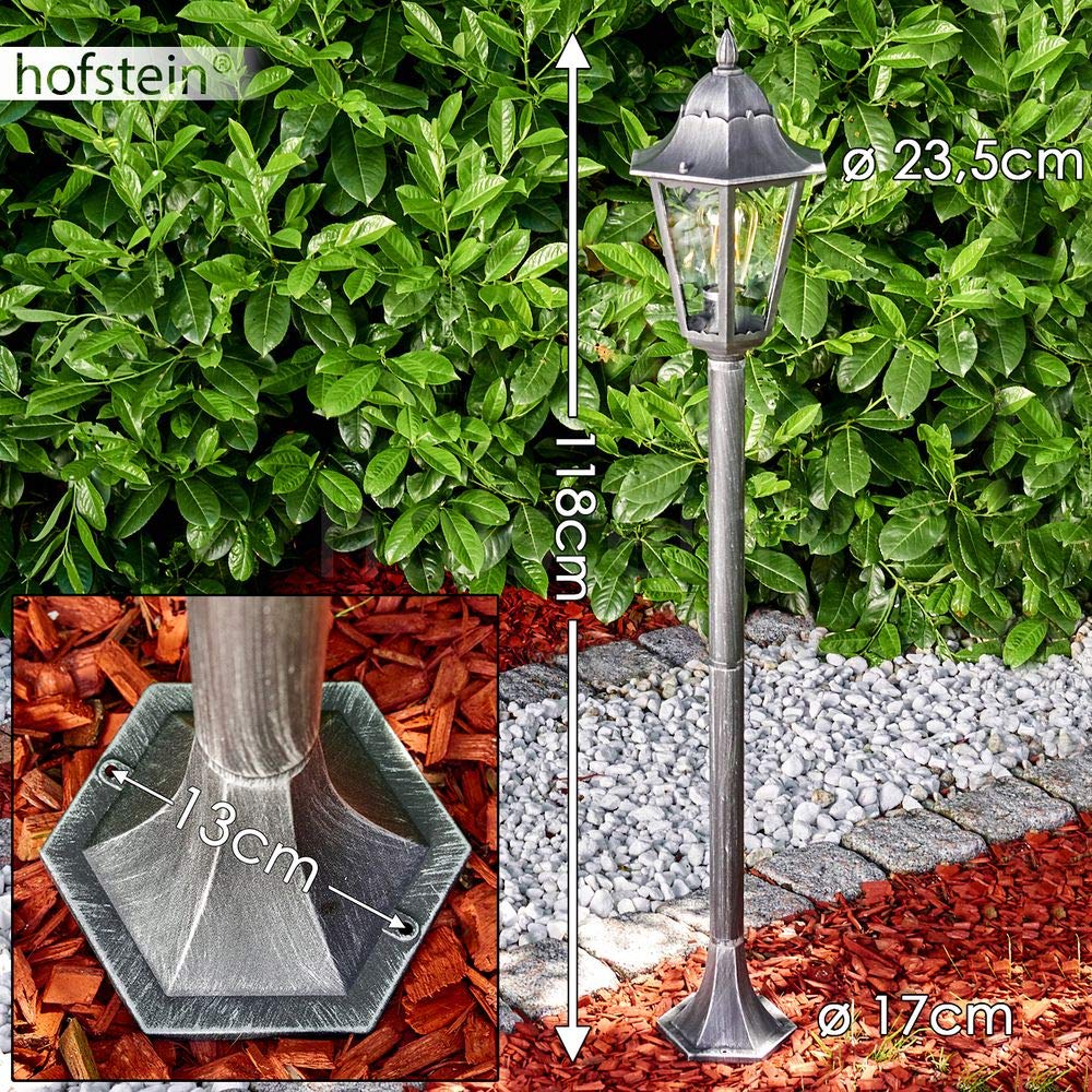 HOFSTEIN Außenstehleuchte Lignac, Außenwegeleuchte aus Metall/Glas in Schwarz/Silber/Klar, Wegeleuchte im Antik/Retro/Vintage-Design für Garten, Außenbereich, Hof, 118 cm, E27, IP44,