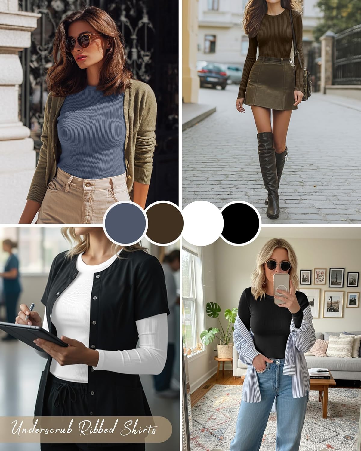 Neer 4 Pack Women's Ribbed Long Sleeve Shirts, Cotton Crew Neck Slim Fit Tops Stretch Knit Casual Base Layer Basic Tee Shirts - Image 2