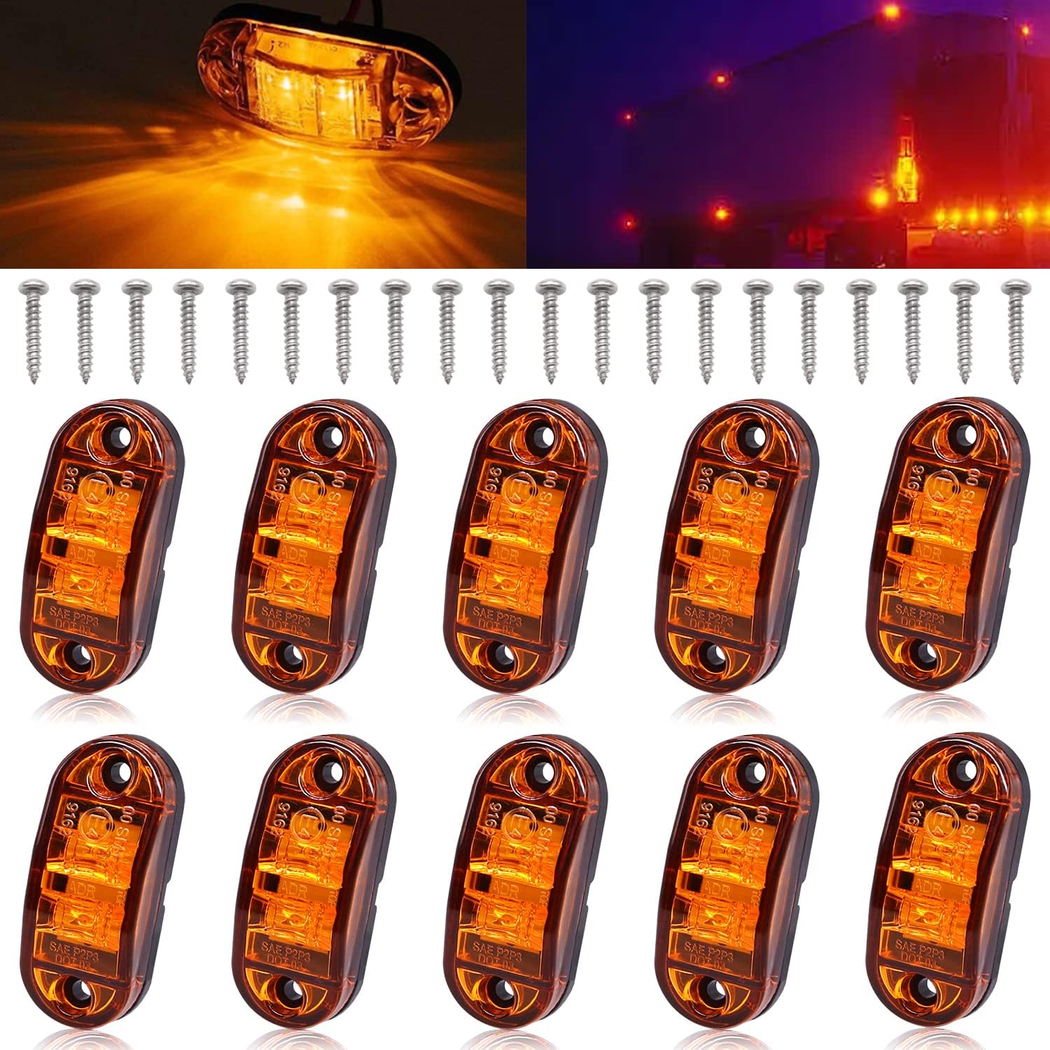 Tnisesm 10Pcs Amber 2.5 Inch Waterproof Trailer Marker Lights, 2 Diode