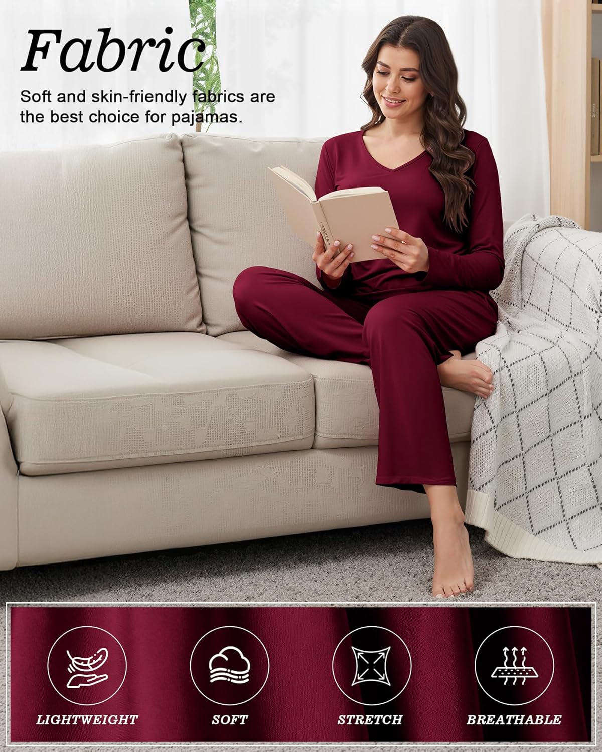 3 Pack Women's Pajama Set Long Sleeve Pajamas Top and Pants Soft V Neck Pjs Set Loungewear with Pockets - Image 7