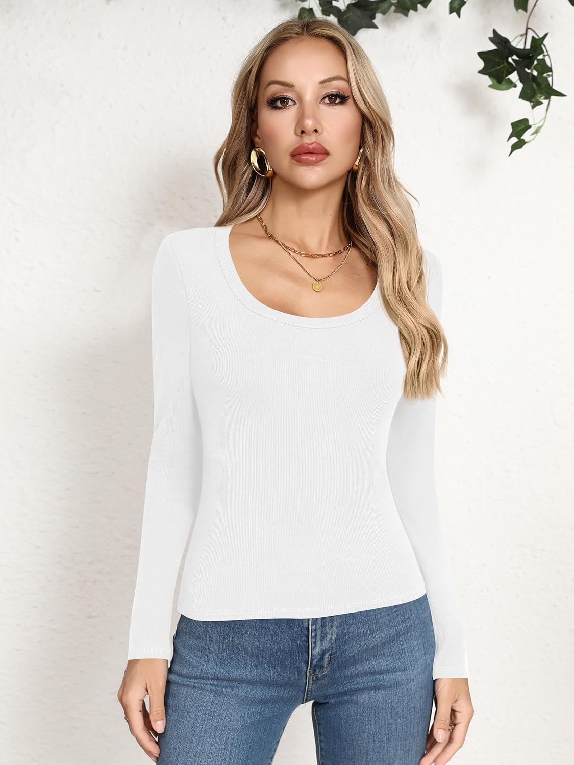 Laughido Women's Scoop Neck Long Sleeve Ribbed Knit Fleece Slim Fit Casual Basic T Shirt Crop Top 2025 Trendy Y2k Outfits - Image 5