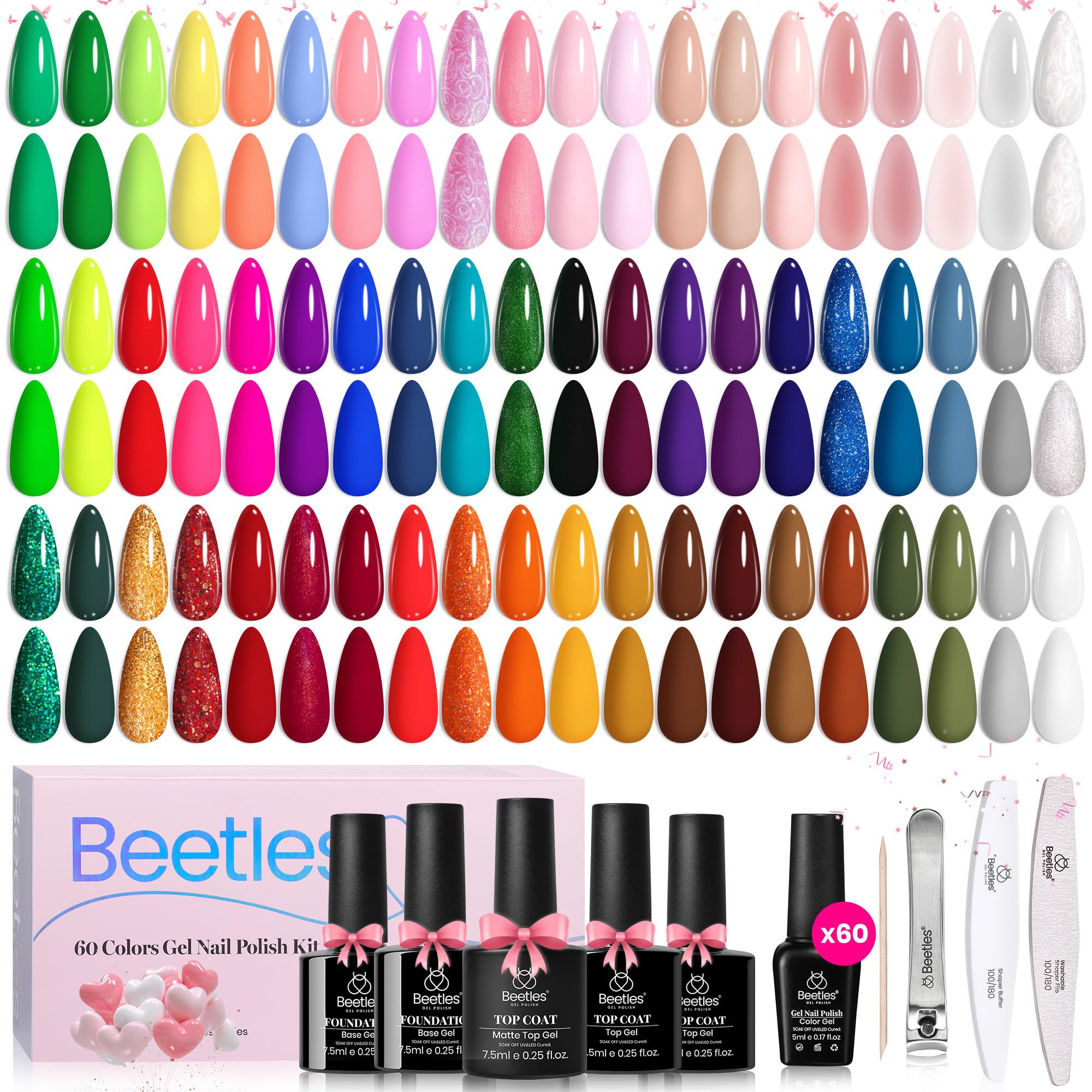 Beetles Gel Nail Polish Set 60 Colors Fall Uv Gel Polish Kit Jelly Brown Glitter Nude Pink White Red Blue Green Color Nail Polish Base &Glossy Matte Top Coat Gift for Her Women