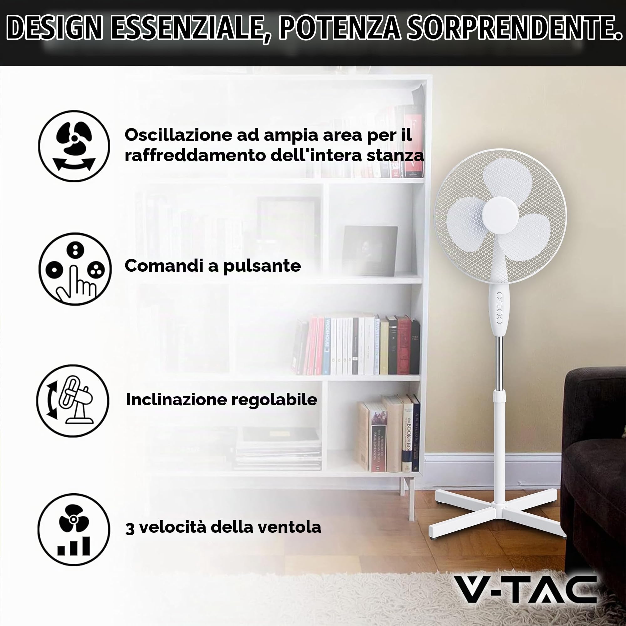 V-TAC Ventilatore a Piantana 40W - Potente Flusso d'Aria - Design Elegante - 3 Velocità - Altezza Regolabile (Max 120cm) - 3 Pale Rotanti - Oscillazione e Inclinazione Regolabili - Bianco
