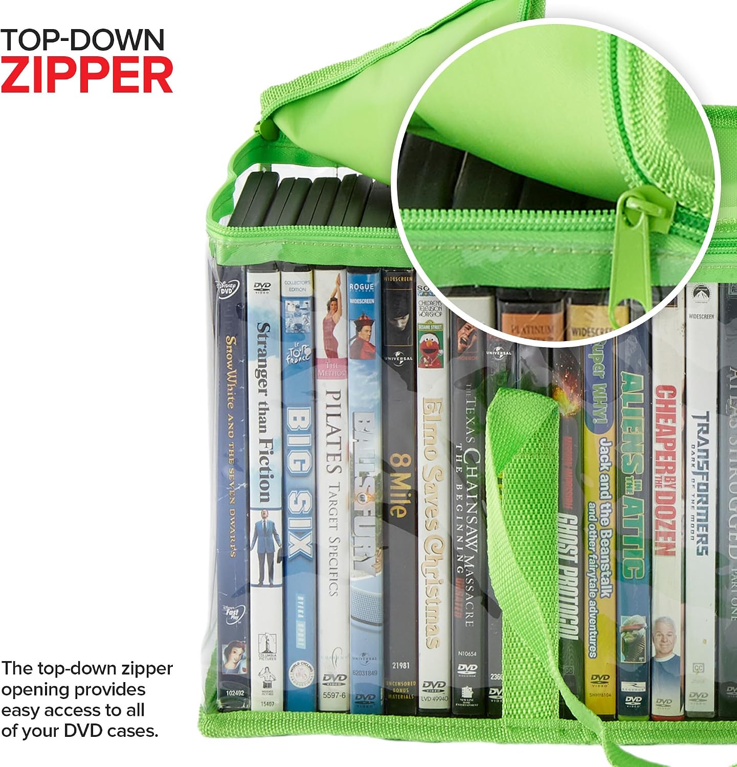 Stock Your Home DVD Storage Bags (Set of 4) Media Organizer Bag for DVDs, CDs, Blu Ray Disc, Movie Cases, VHS Box, Video Game Disks, Clear Plastic Holders with Carrying Handles and Zipper - Green image 4