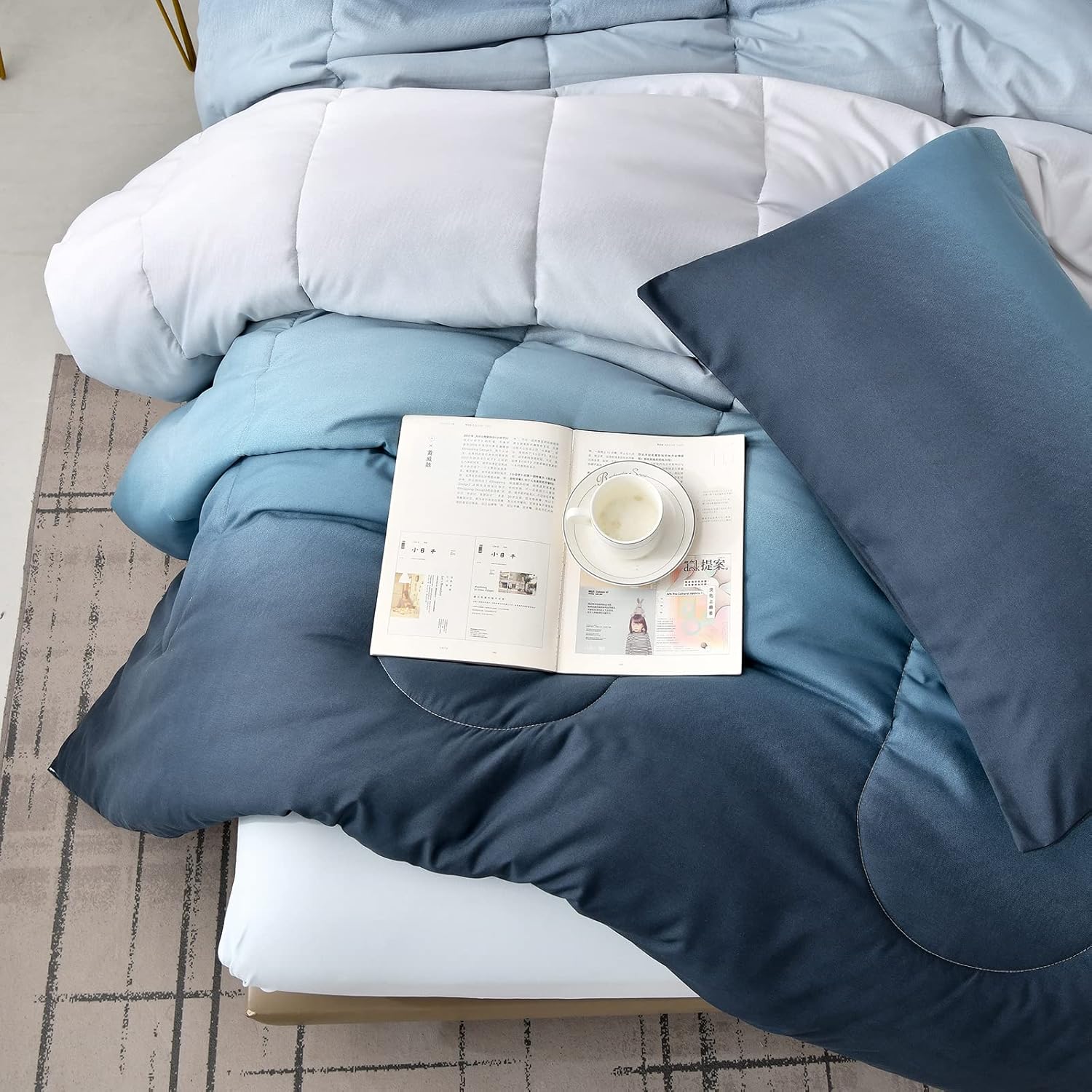 Anibedding Blue Comforter Set Queen - 7 Pieces Ombre Blue White Microfiber Bedding Set - All Season Down Alternative Light Ocean Sea Abstract Bed in a Bag for All Season (90" x90") - Image 7