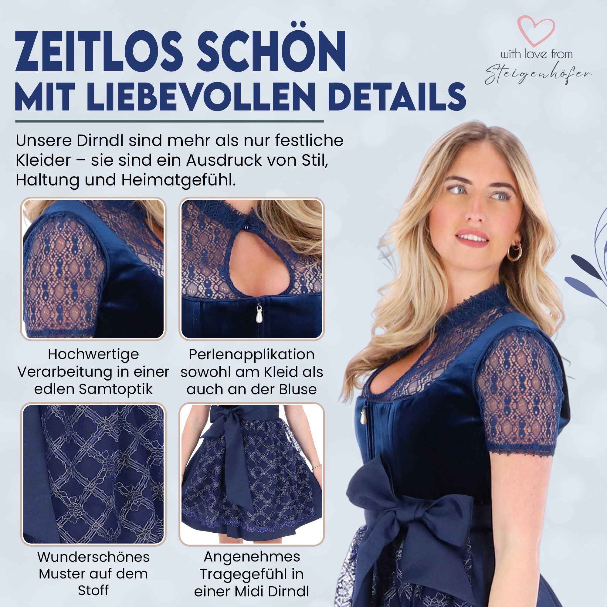 Steigenhöfer Manufaktur Dirndl Damen im Set - Oktoberfest Outfit - Set enthält Kleid Bluse und Schürze - Midi Dirndl mit 60cm Rocklänge - Feine Samtoptik und Perlenapplikation - Franziska