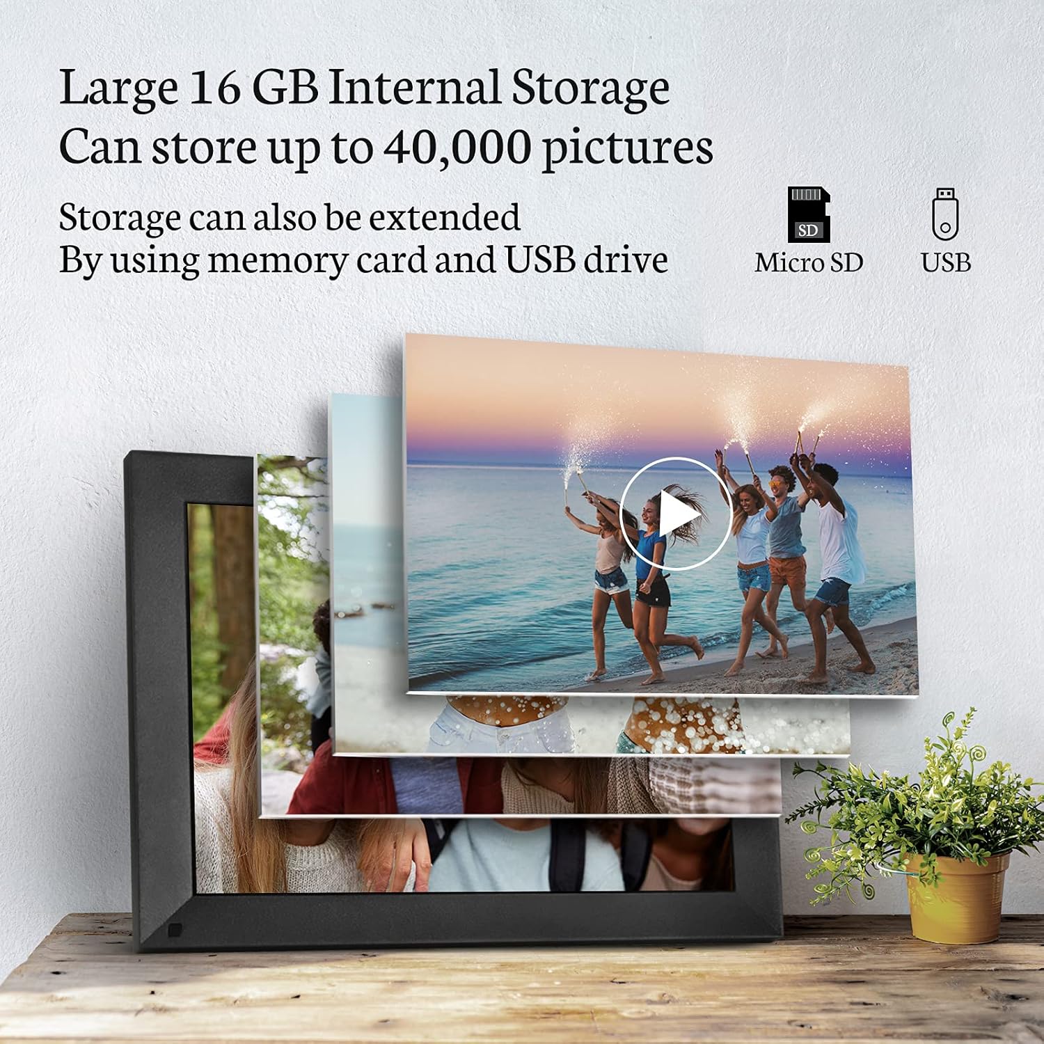 Digital picture frame with icons for Micro SD and USB, indicating expandable storage