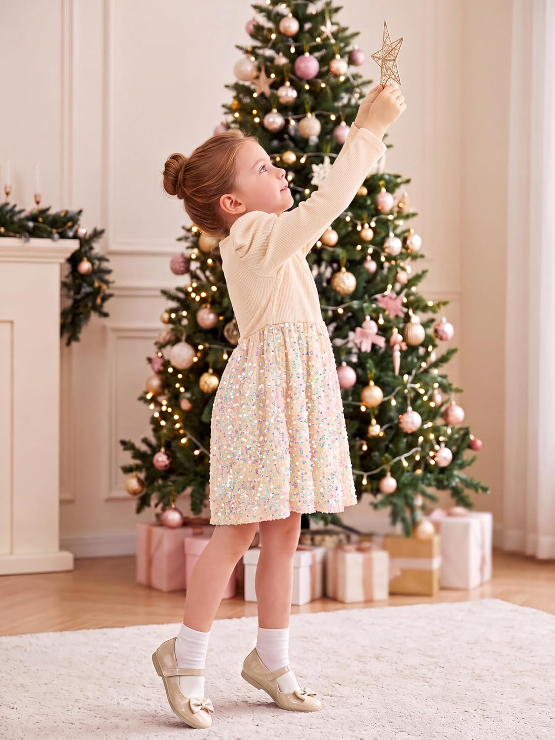 Cubear Girls Sequin A-Line Long Sleeve Dress for Birthday Party