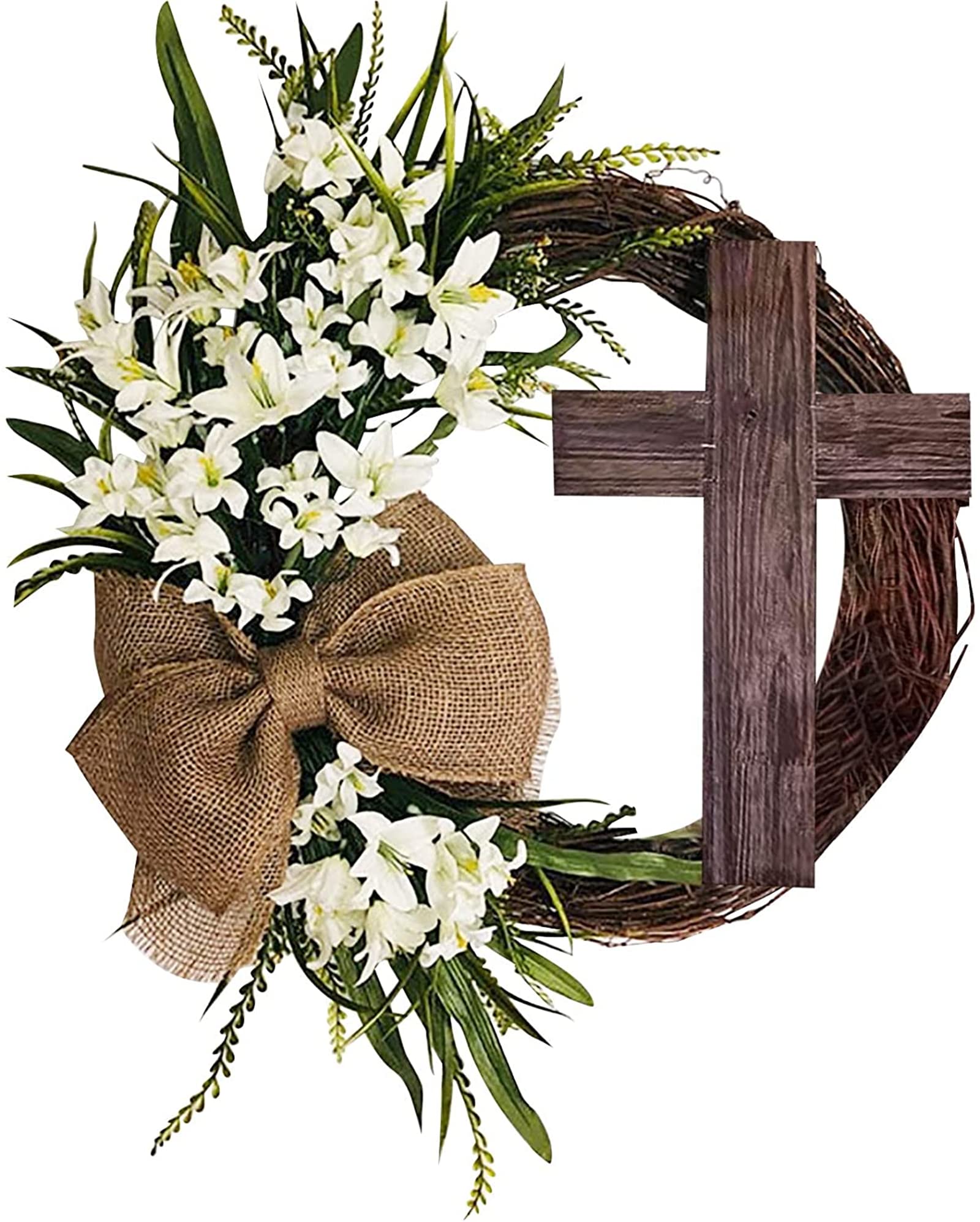 Yanobia 2022 Easter Wreath with Cross Garland,For Front Door Rustic Grapevine Wreath Spring Decorating DIY Easter Front Door Wreath Decoration Home Decor (Without Scarf)