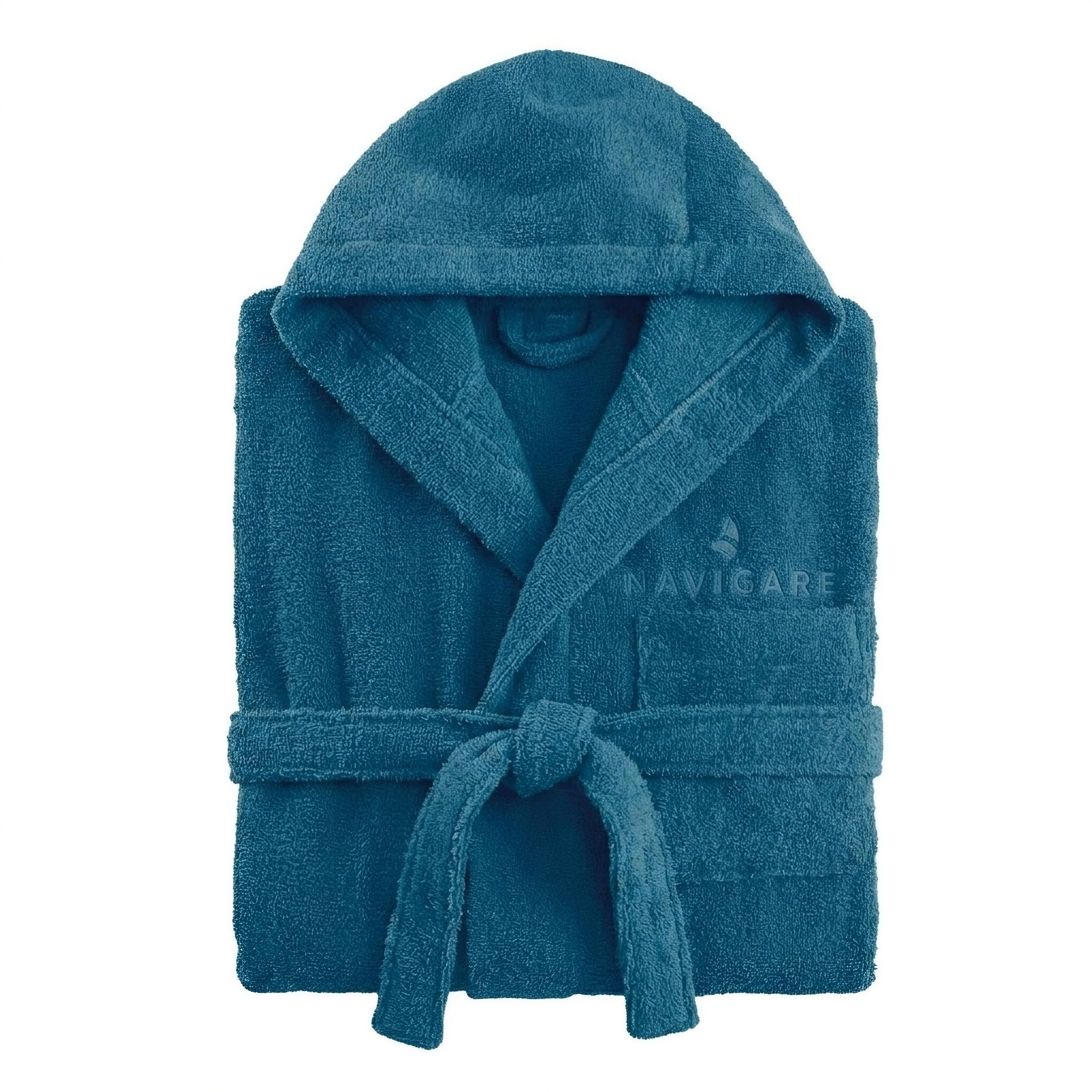 Navigare Accappatoio Unisex Adulto Uomo Donna in Cotone Microspugna Extra Morbida Alta Assorbenza, con Cappuccio, Tasche e Cintura, Ideale per Bagno, Spa e Piscina – Taglia L/XL, Colore Blu Mare