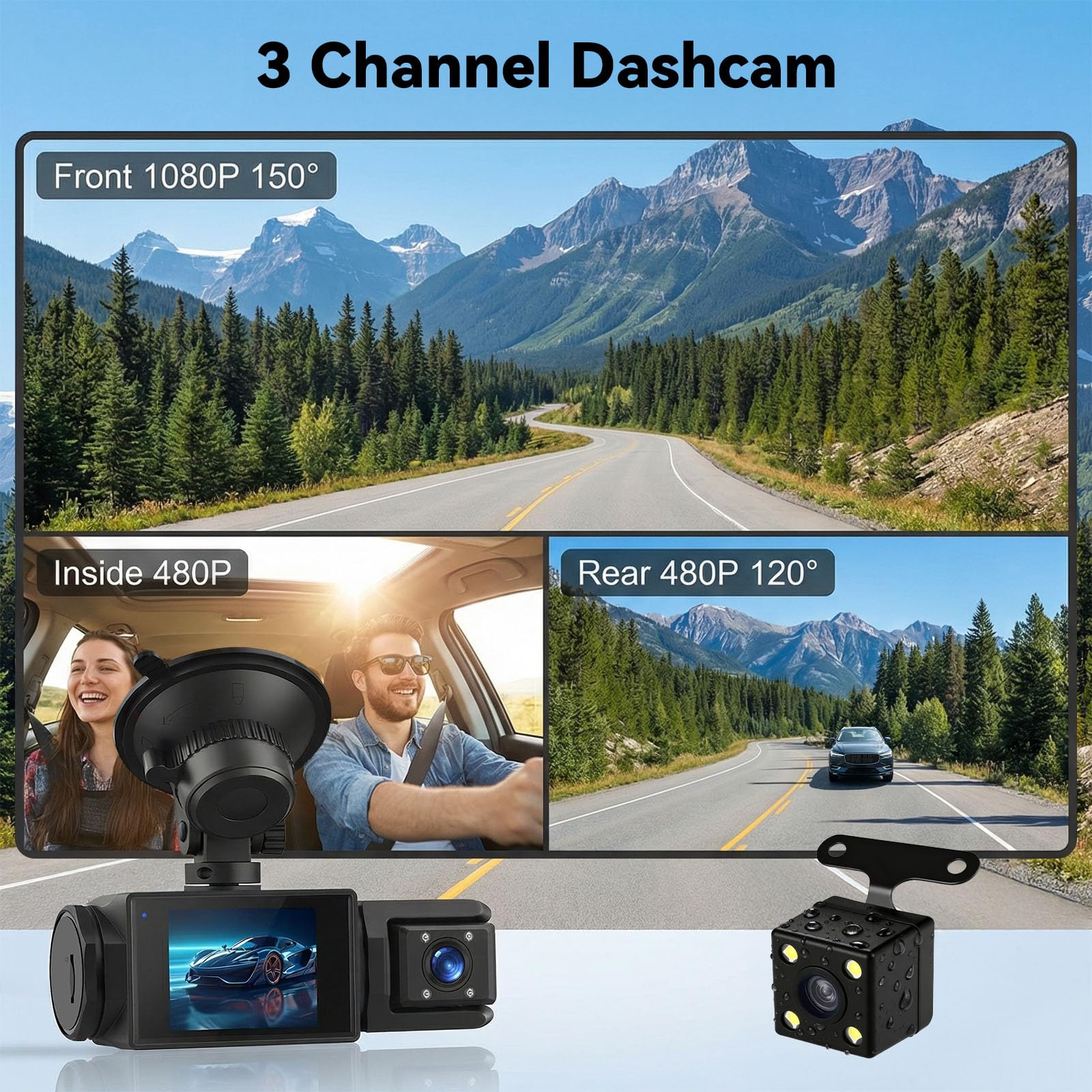 SIXTOP Dash Cam avec Caméra de Recul 1080P Full HD - Caméra de voiture avec WiFi et Application, Vision Nocturne, Mode Stationnement et Grand Angle 150° - Incl. Détection de Mouvement et Enregistremen