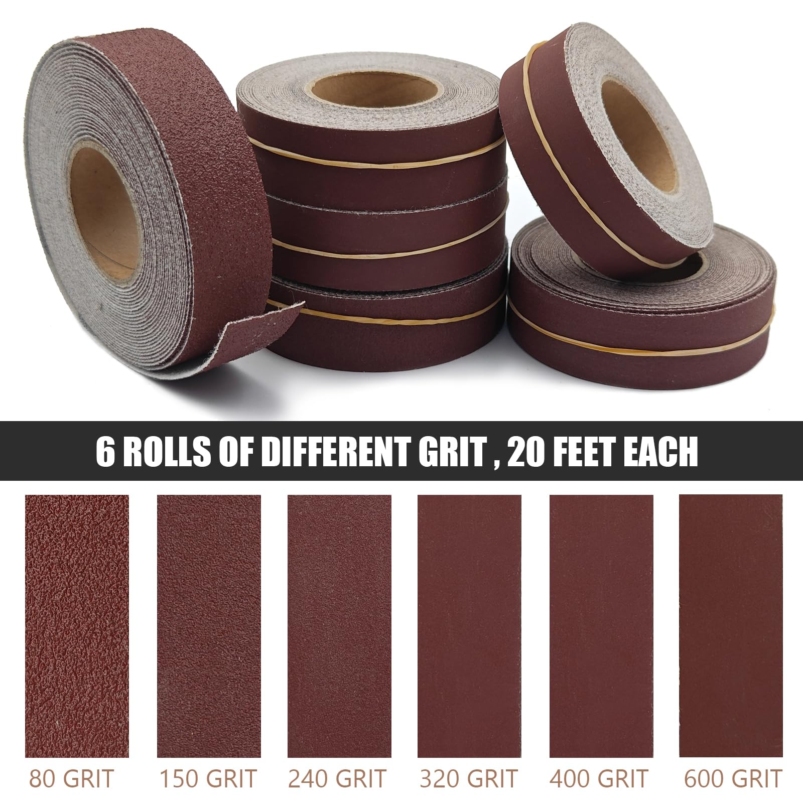 Rotoli di carta vetrata con gancio e anello, assortiti 6 Grane Rotolo di carta vetrata ogni rotolo 1 pollice x 50 piedi Hook & Loop Backing Panno Smeriglio Rotoli 80 150 240 320 400 600 Grane Carta