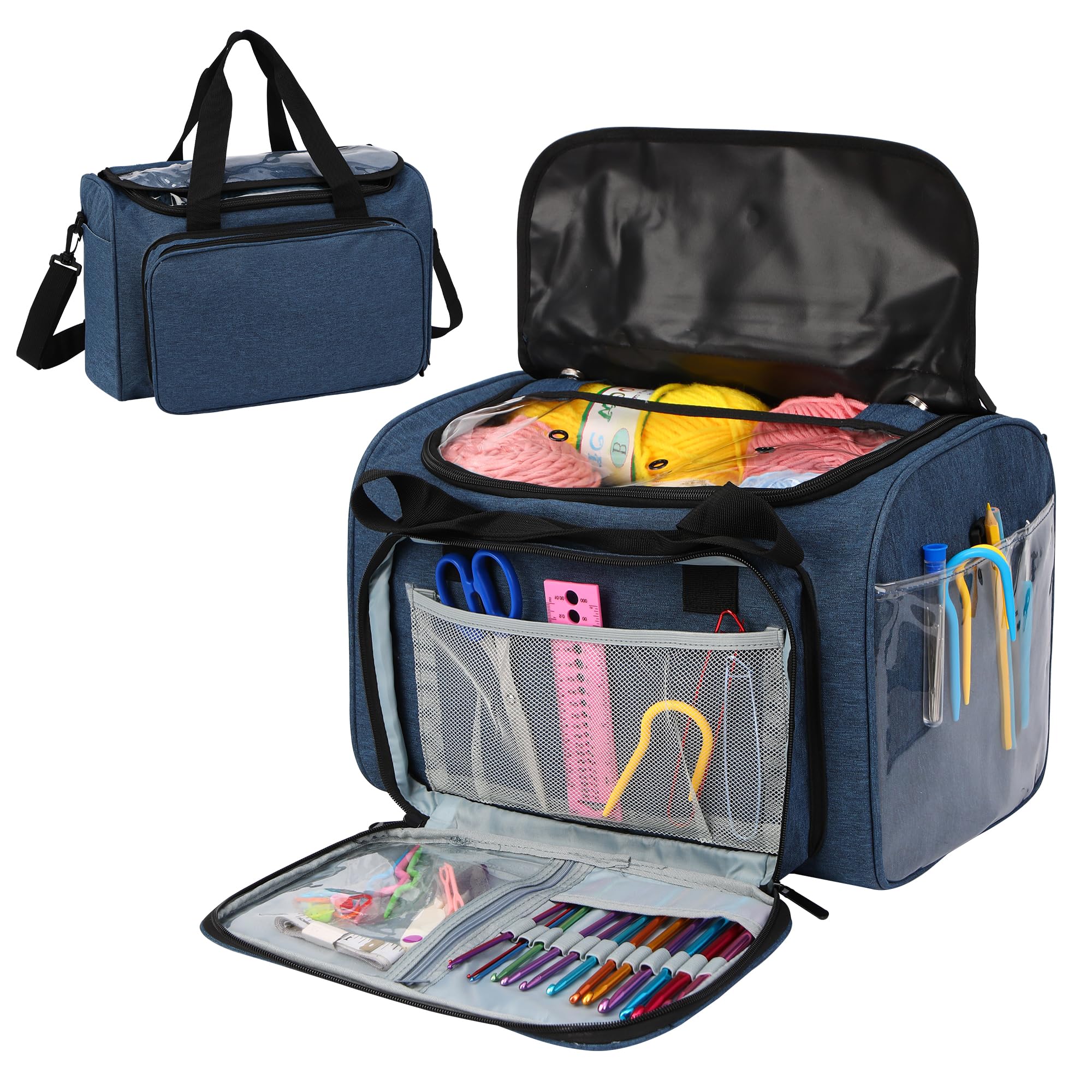 JOZEA Garn Stricken Lagerung Tote-große Kapazität häkeln Veranstalter tragbare Reisetasche mit Schultergurt häkeln Haken Fall für unfertige Bulk-Projekt（Blue