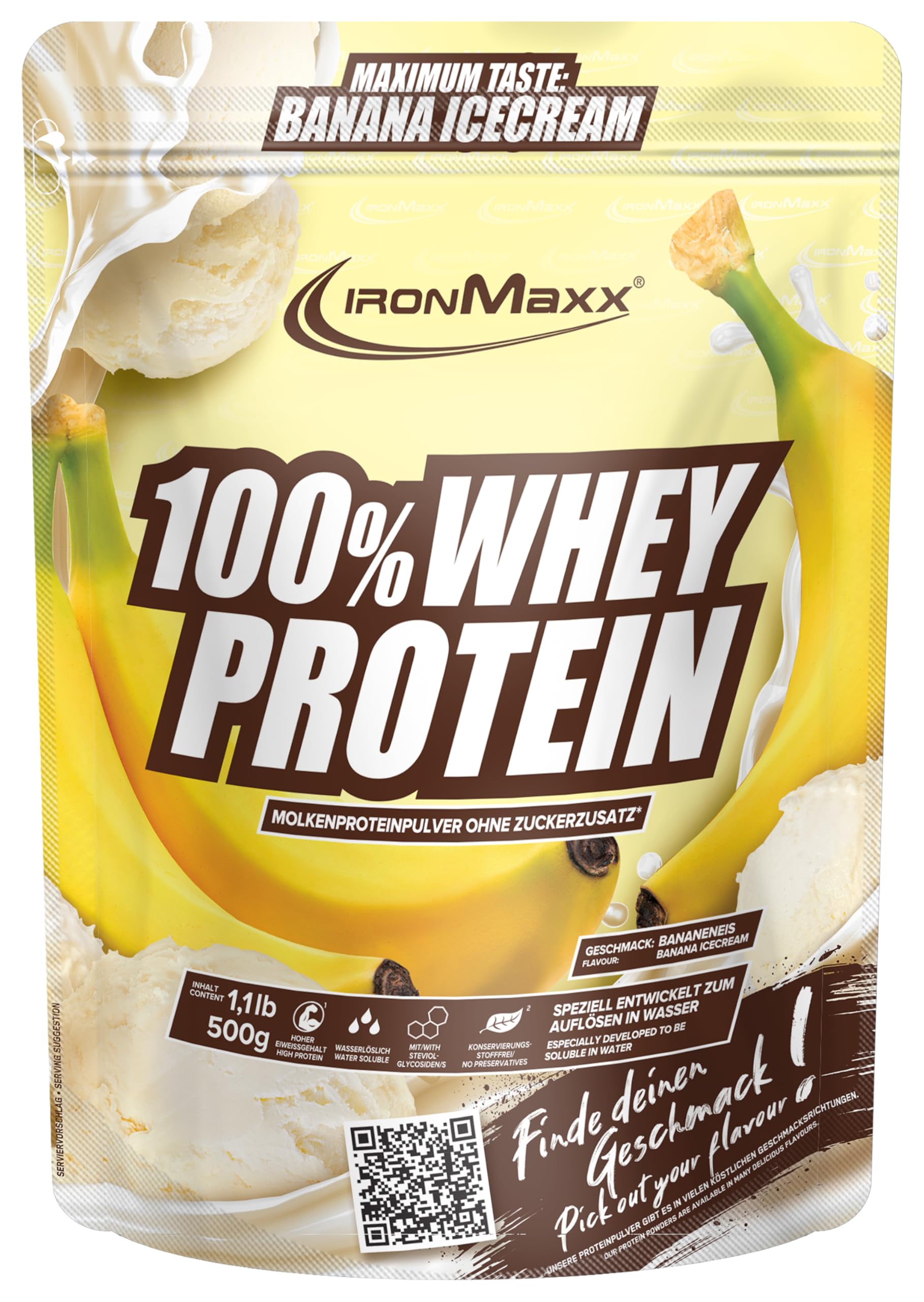 IronMaxx 100% Whey Protein Polvere - Banana Ice Cream 500g Bag | Proteine del siero di latte a basso contenuto di zucchero, solubili in acqua | Disponibile in vari gusti.