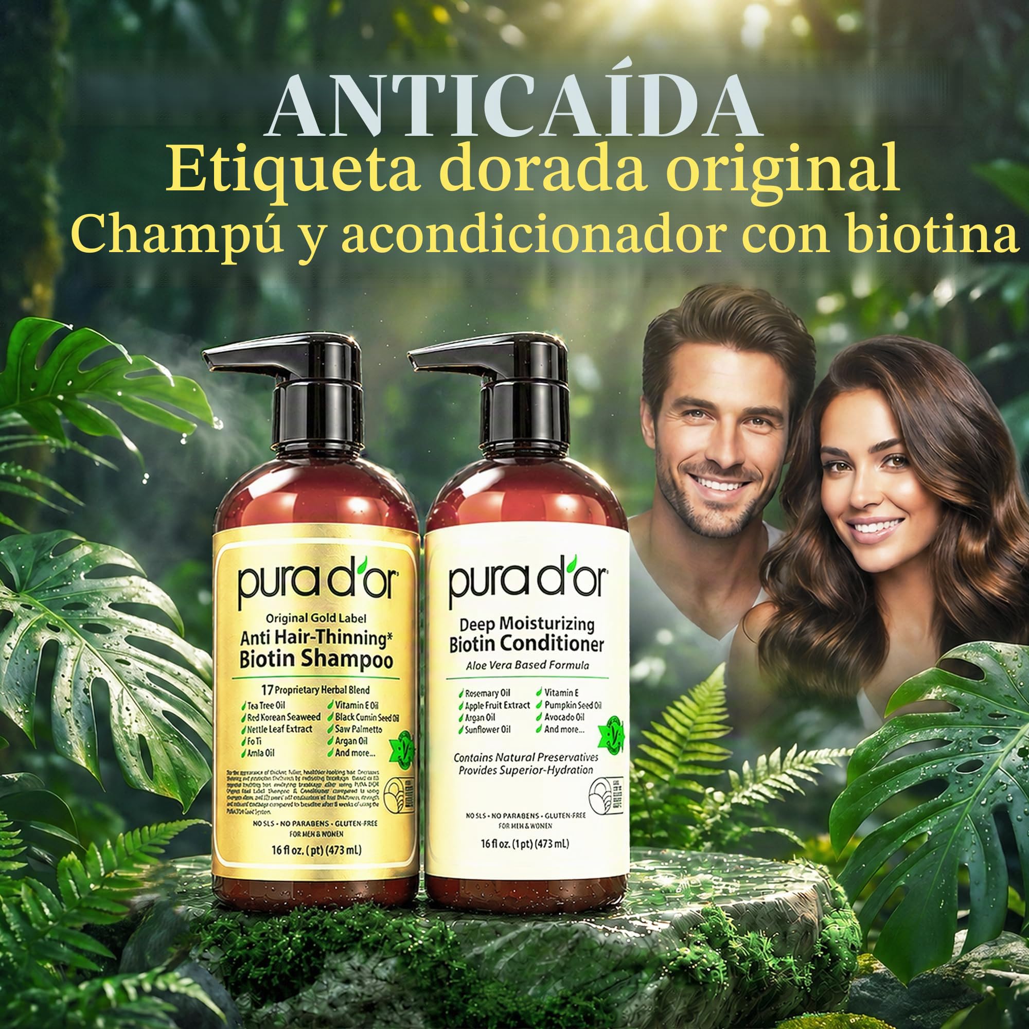 Pura D'Or Gold label anti-adelgazamiento terapia de hidratación profunda champú y acondicionador conjunto, solución eficaz clínicamente probado