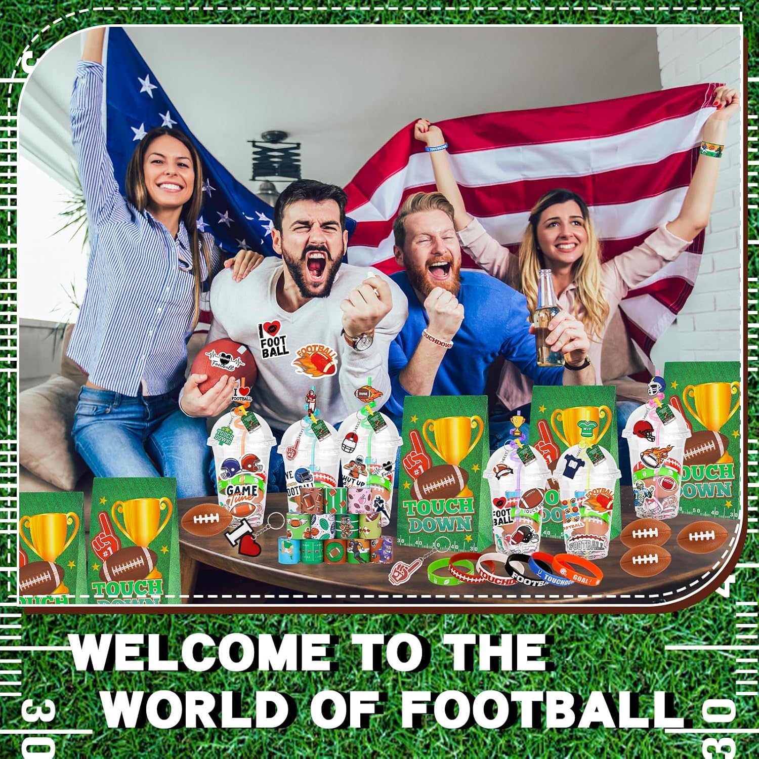 208Pcs Football Party Favors Party Supplies Contains Football Goodie Bags Cups Straw Stickers Mini Football Silicone Bracelets Keychains Thank You Tags Ideal Football Birthday Party Supplies for Team