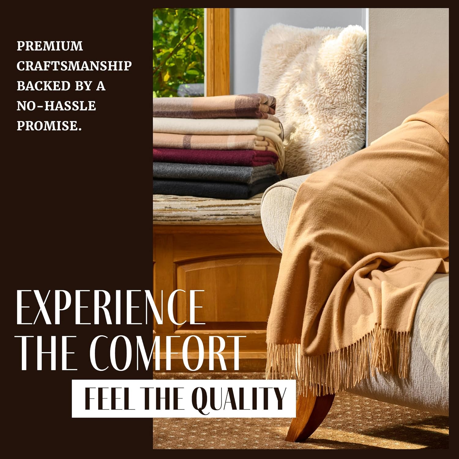 Velanio Cashmere 100% Cashmere Throw Blanket with Fringe 60 x 54 Inch Super Soft Warm for Home, Travel Sofa Bed (Camel) - Image 9