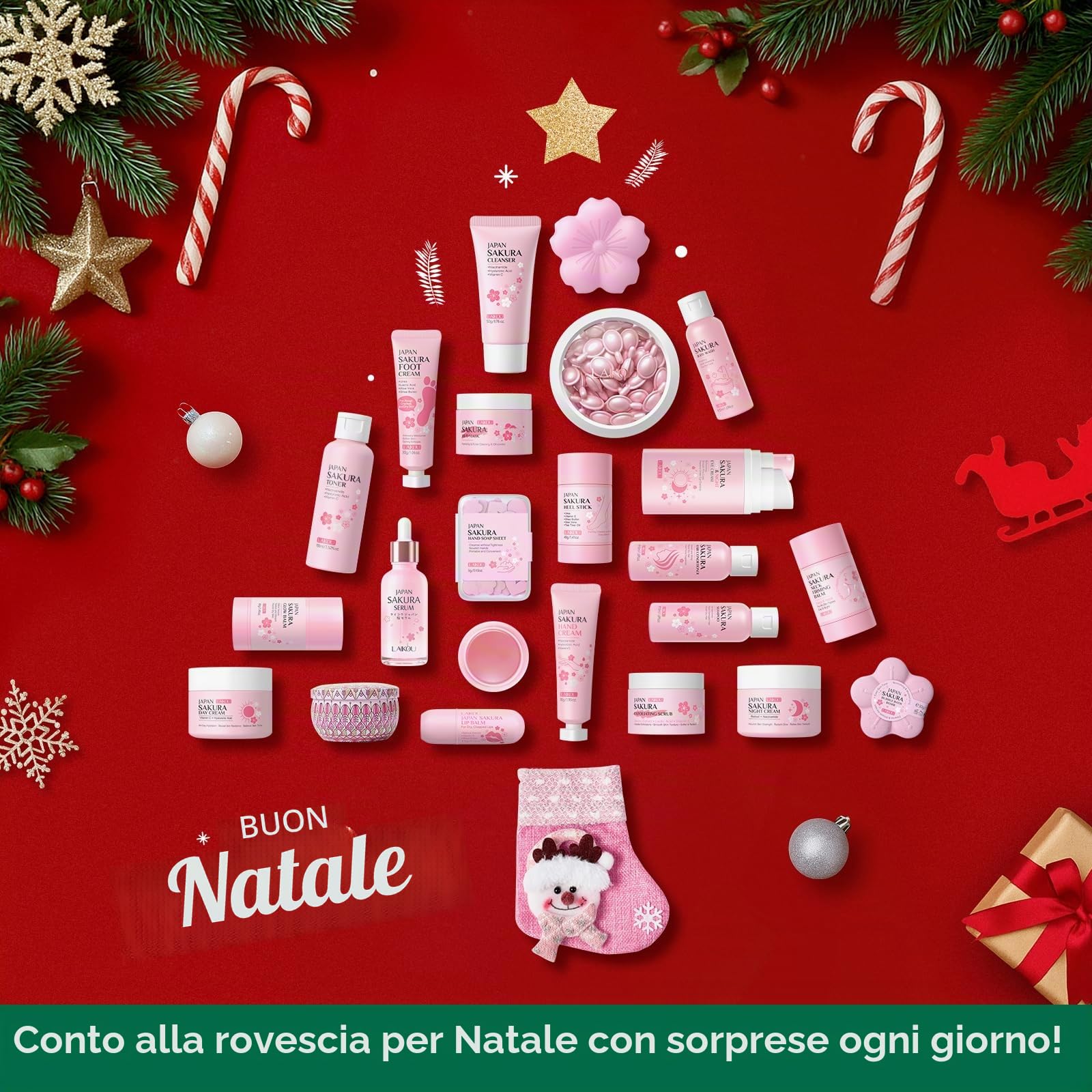LAIKOU Calendario Dell'avvento Beauty 2025, Natale Calendario Avvento, 24 pezzi Kit per la Cura Della Pelle Sakura, Regali Natale Beauty per Donne, Ragazze e Teenager