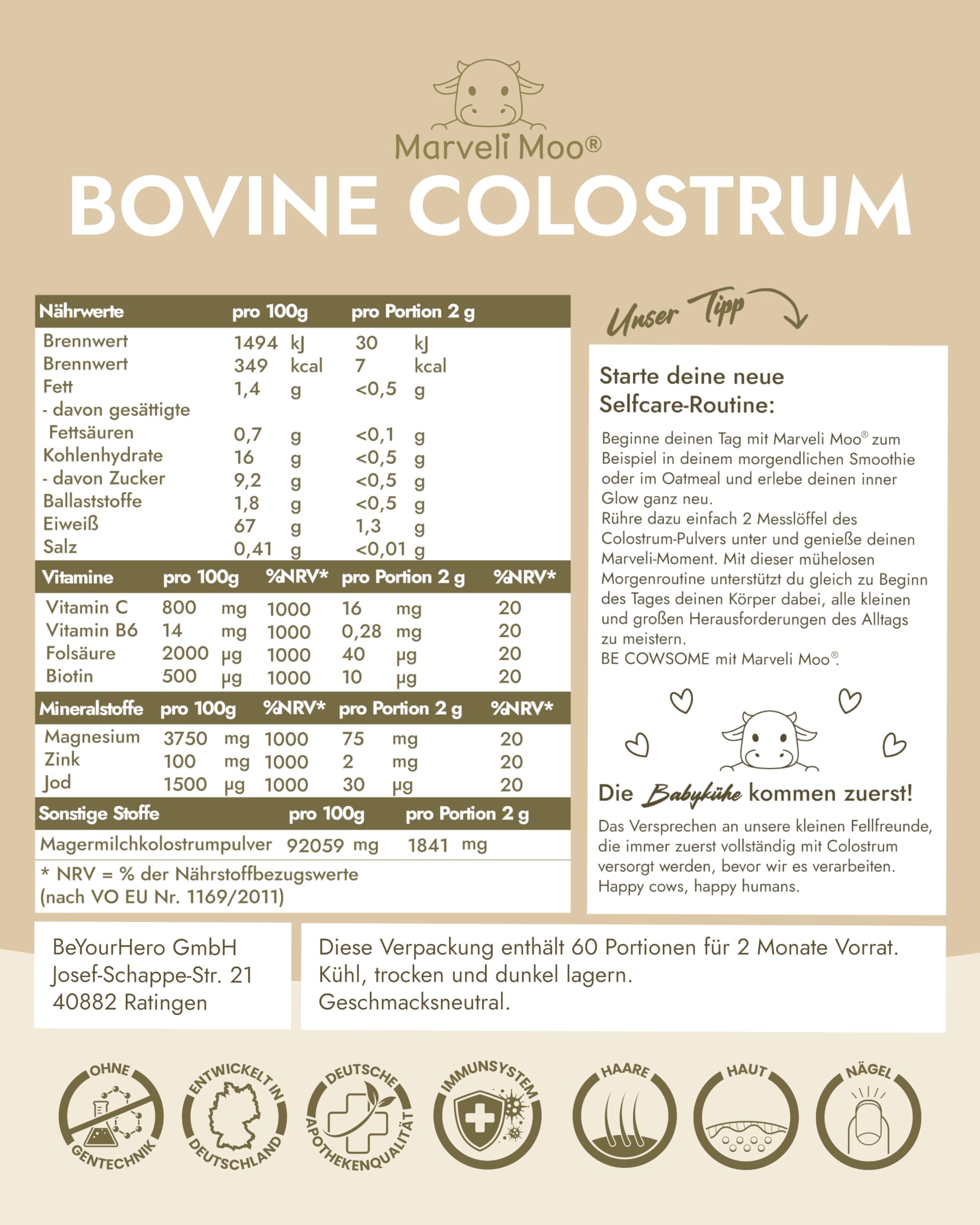 Colostrum Pulver – für Darmgesundheit & Immunsystem – mit Vitamin C, Biotin & Jod – 60 Portionen für 2 Monate – geschmacksneutral