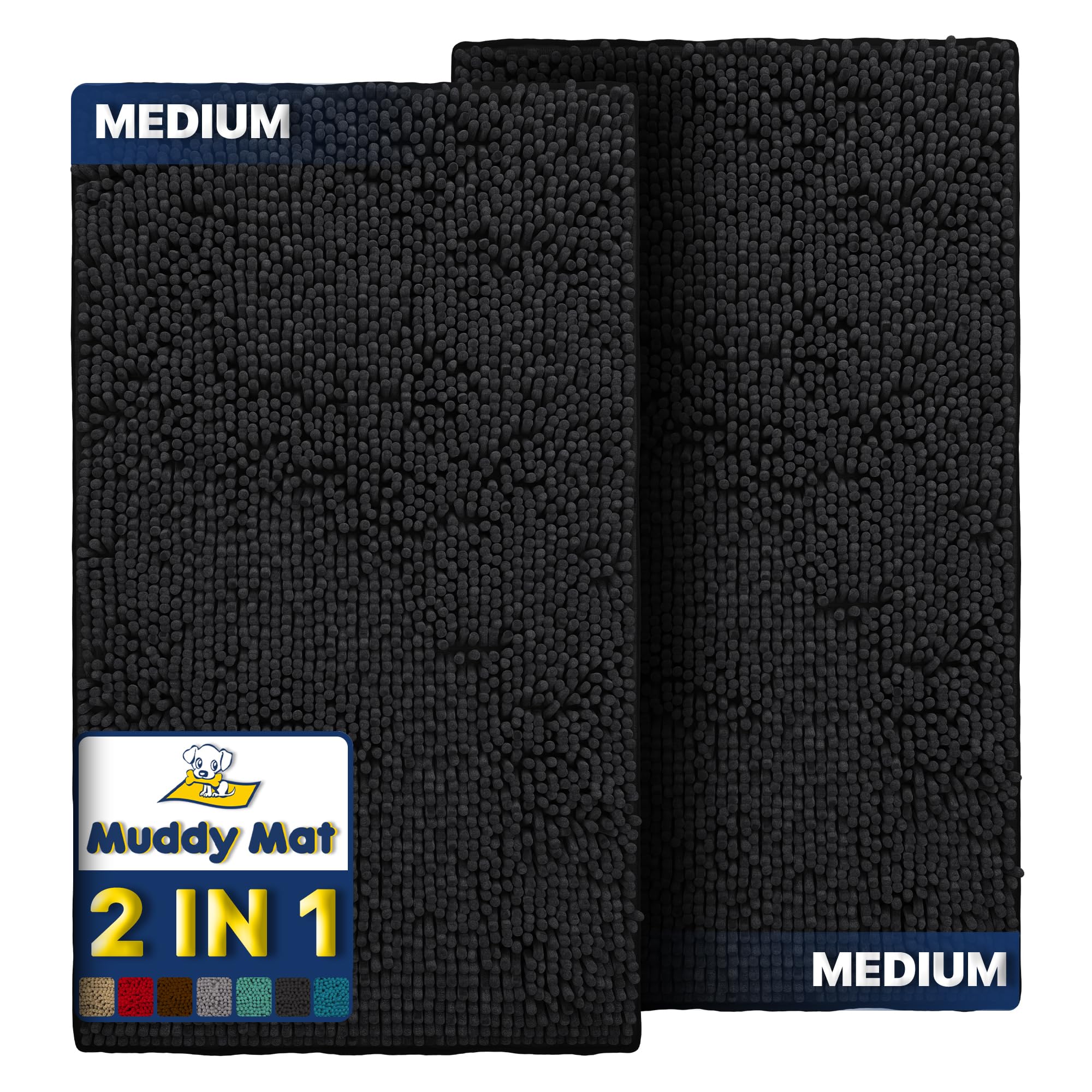 Muddy Mat® 2-Piece Black Medium 30"X19" AS-SEEN-ON-TV Highly Absorbent Microfiber Door Mat, Bath Mat and Pet Rug, Non Slip Thick Washable, Soft