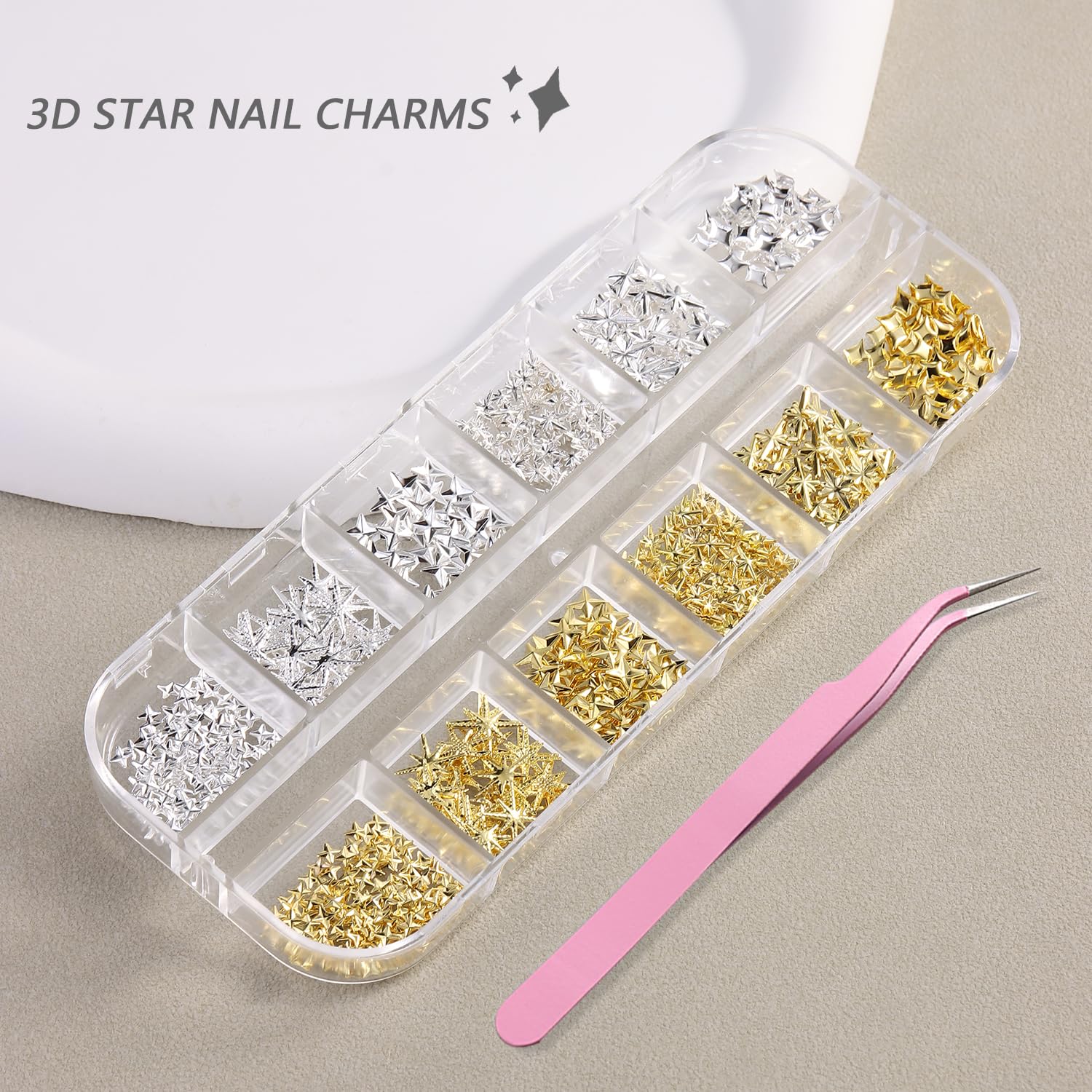 Furtherpretty 12pcs Gold/Silver 3D Star Nail Charms, Flat-Back Nail Art Accessories with Tweezers