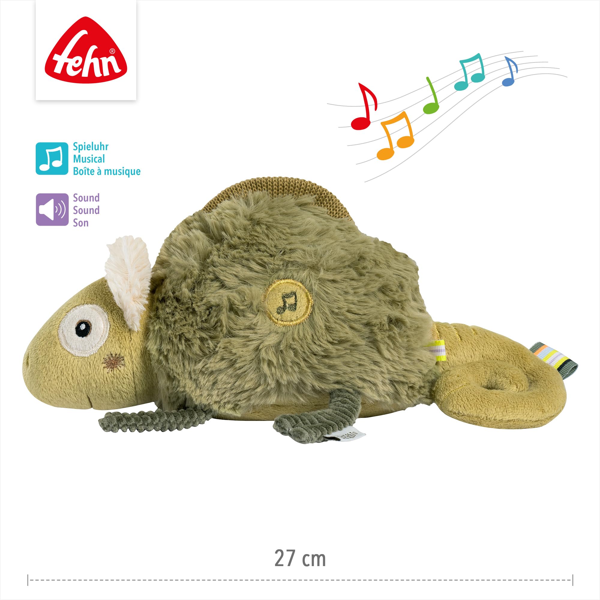 Fehn Einschlafhilfe Chamäleon – Baby Einschlafhilfe mit Soundmodul: Chamäleon Kuscheltier mit entnehmbaren elektronischem Soundmodul mit Cry-Sensor, Spieluhr für Babys und Kleinkinder ab 0+ Monaten