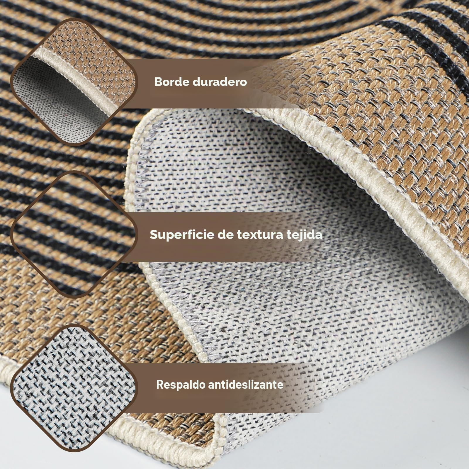 Capslpad Alfombra para salón, 160 x 230 cm, aspecto de yute, alfombra de cocina, lavable natural, alfombra negra, antideslizante, para dormitorio, balcón, entrada, comedor, oficina, decoración