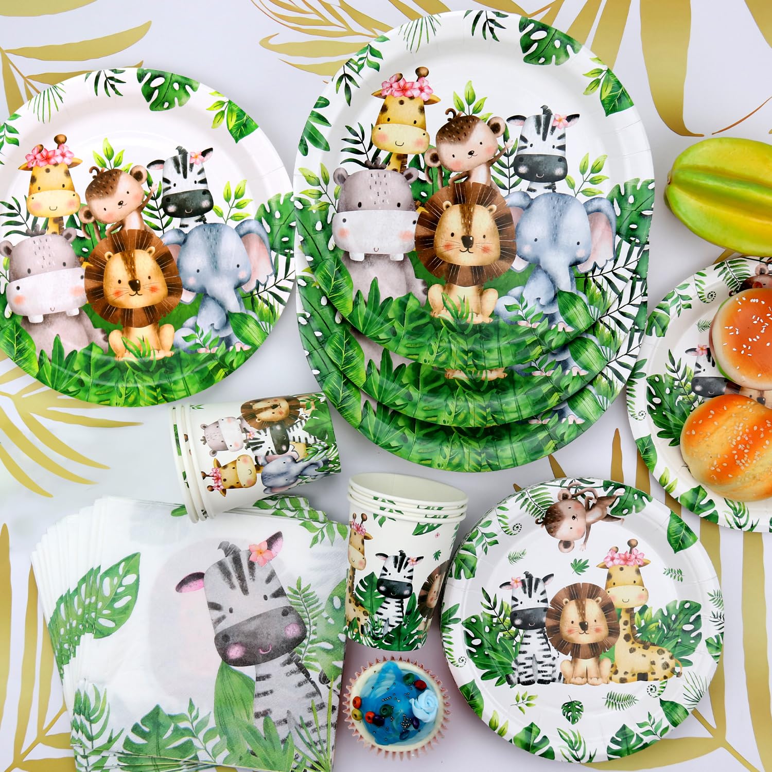 Safari Jungle Birthday Tableware Set - Decorazioni per il primo compleanno degli animali selvatici - 40 piatti piani, 40 bicchieri, 40 tovaglioli