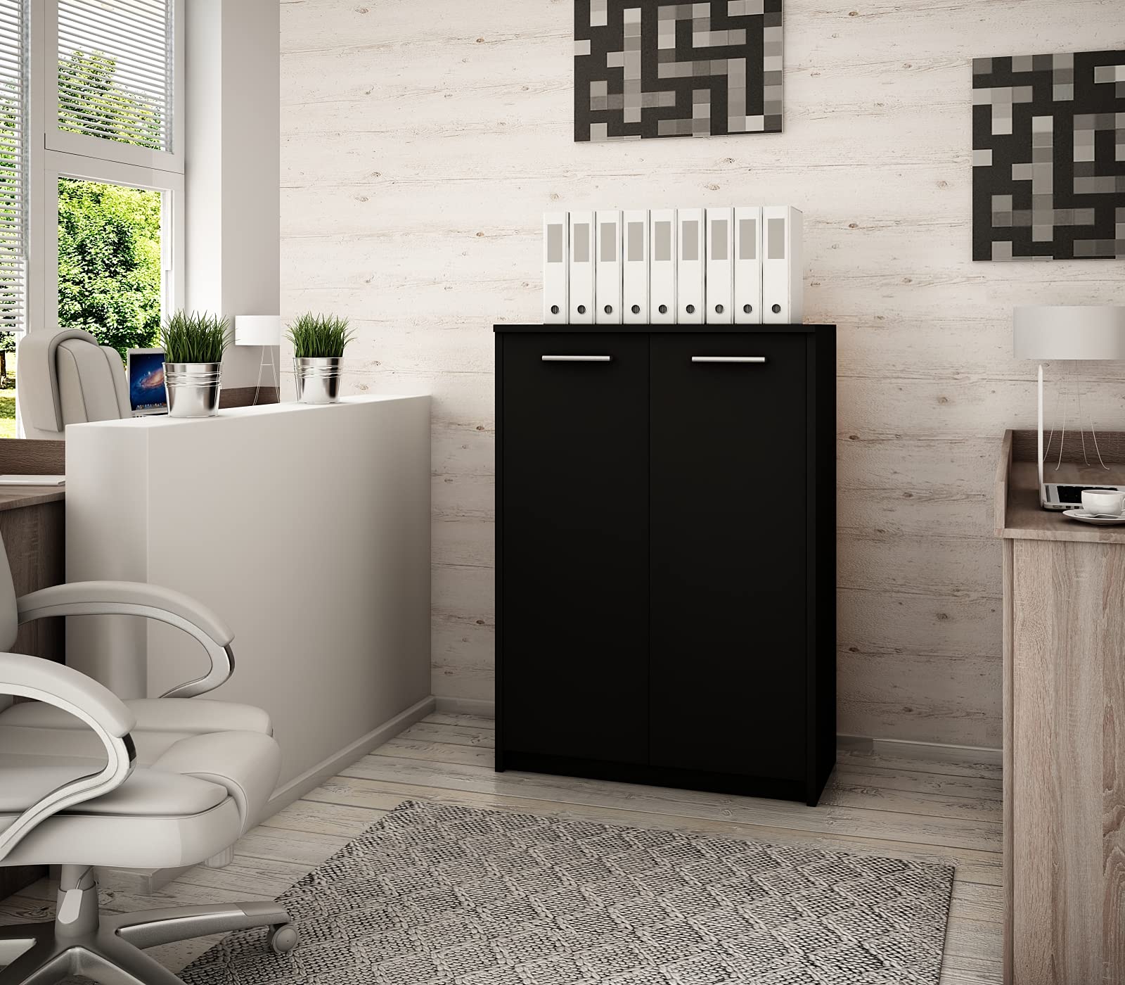 MATKAM Bürokommode 2D2P 2-türig, H/B/T 108 x 77 x 35 cm, mit Zwei Innenregalen (Abstand 31,7 cm, passend für einen Standard-Ordner), Griffe in Metall-Optik. Scharniere aus Metall (Schwarz)