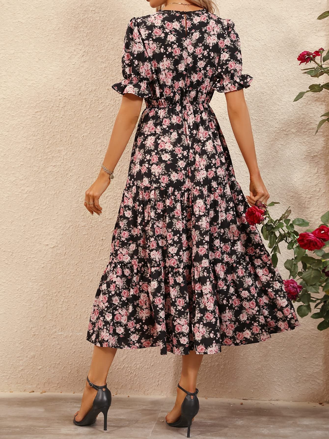 Kotty Women's Fit And Flare Round Neck Short Sleeve Dress(Multicoloured,L)