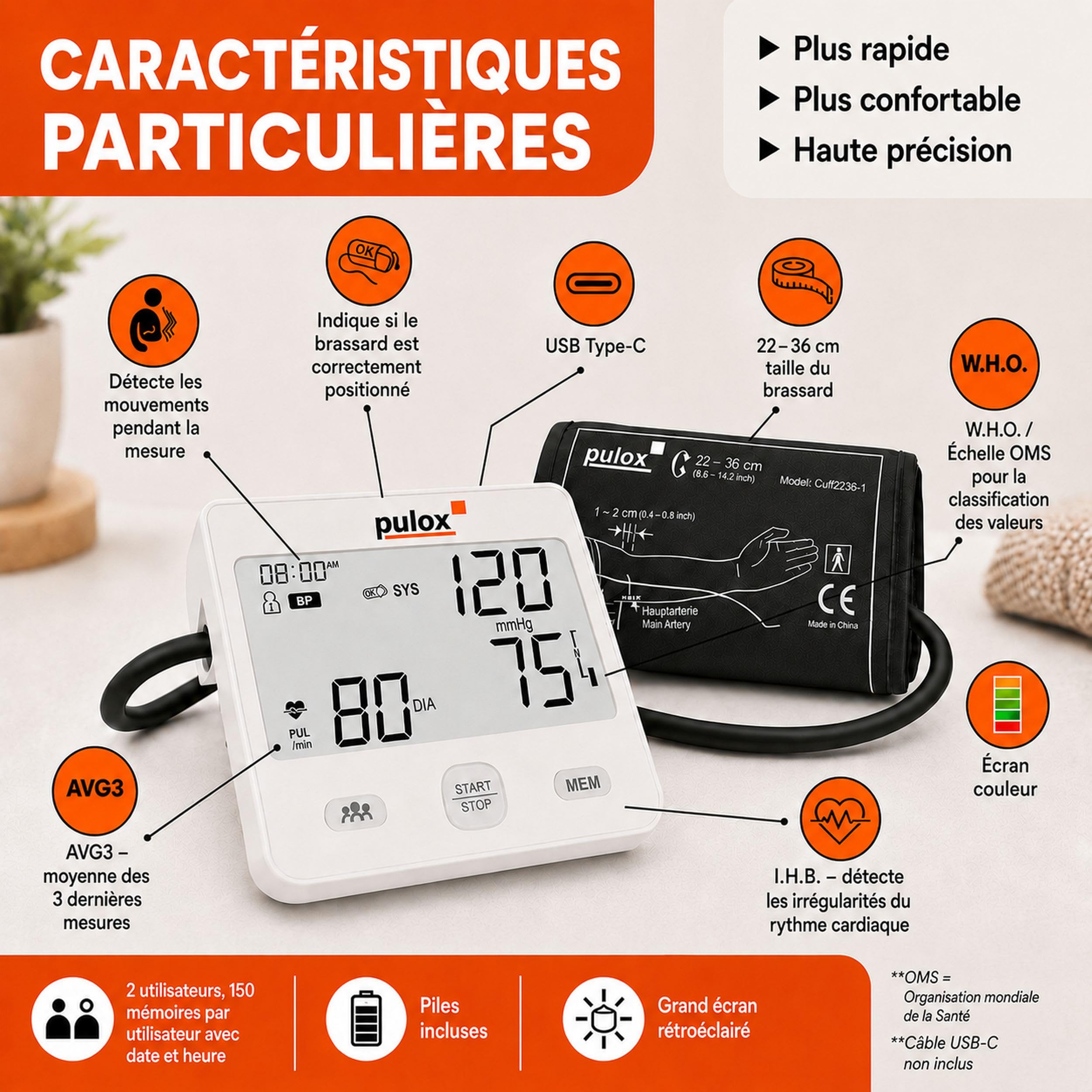 Pulox BP-200 - Tensiomètre automatique avec détection AFib en cas de troubles du rythme cardiaque et de fibrillation auriculaire