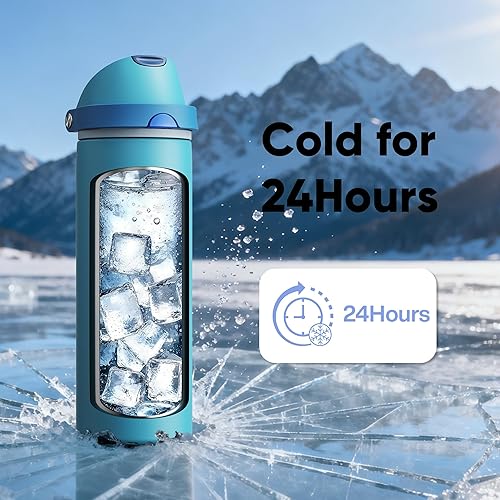 Miniatura 7 de ENCOOL Botella de agua aislada con popote, botella de agua de acero inoxidable con tapa de botón, a prueba de fugas y sin BPA, mantiene el frío