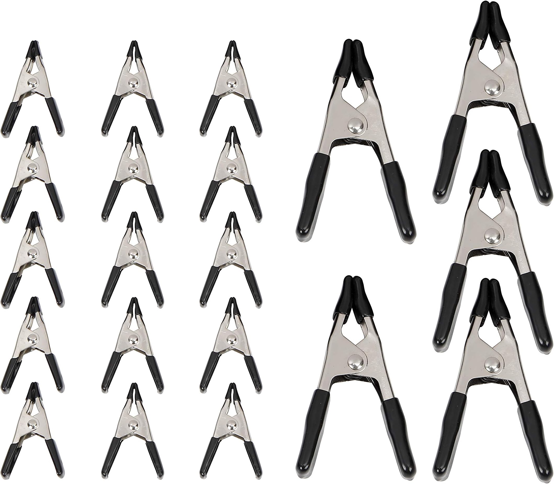 Amazon Basics 20-Piece Steel Spring Clamp Set, Strong, Non-Marking PVC-Coated Tips, 15 Pack of 3/4-inch, 5 Pack of 1-inch, Black/Silver
