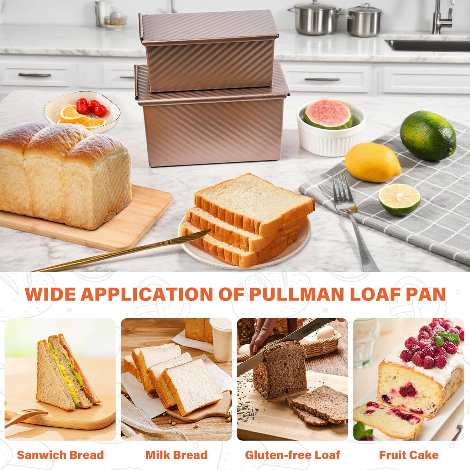 2 Pack Pullman Loaf Pan with Lid, 1 lb/0.5 lb Dough Capacity for Homemade Bread, Non-stick Corrugated Carbon Steel Bread Toast Box with Cover for Bakeware, Sandwich & Toast Oven Baking, Gold - Image 7