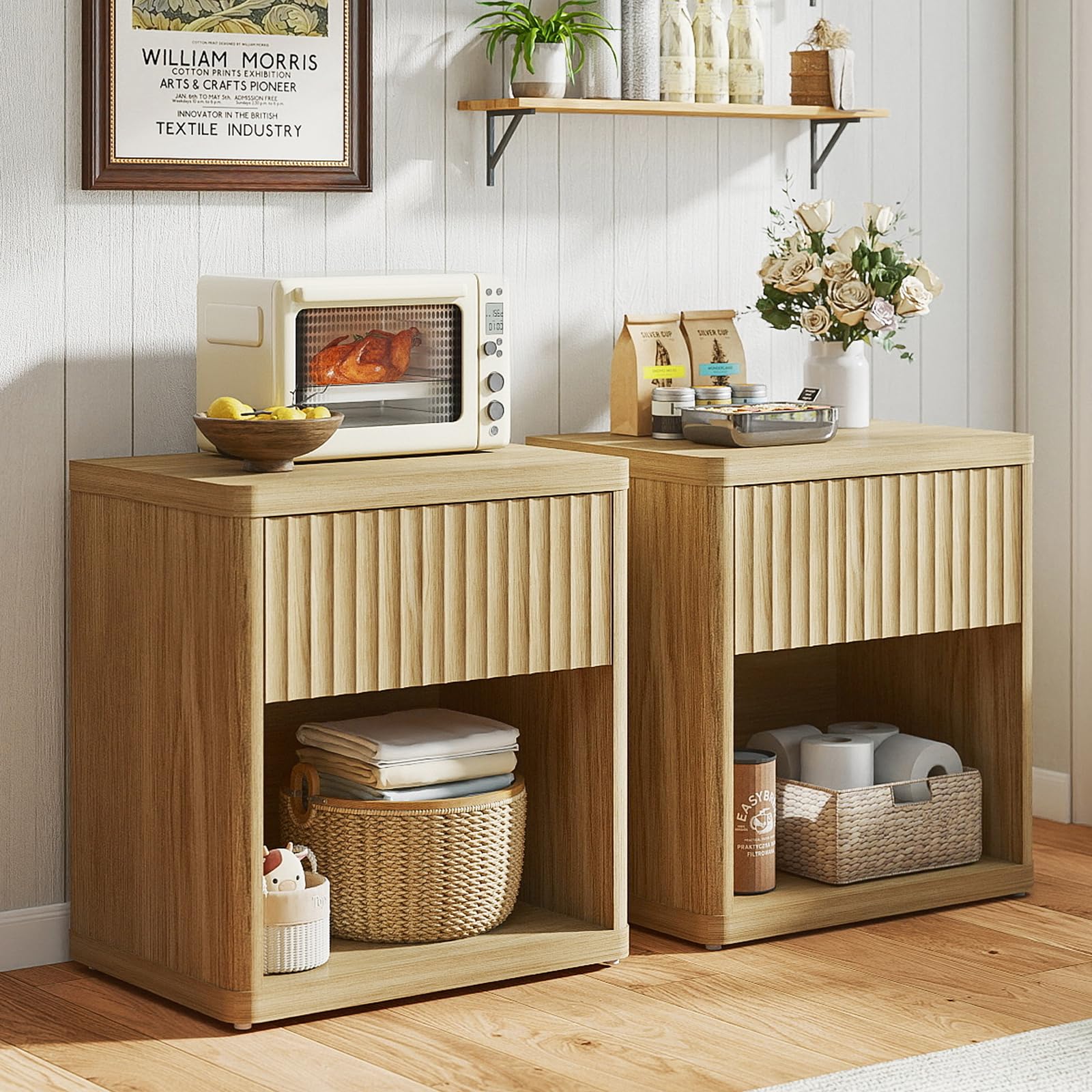 Night Stand 22.8" Wide Fluted Nightstands with Drawer and Storage, Mid Century Bedside Table End Table, Large Modern Wood Nightstand for Bedroom Sofa Office