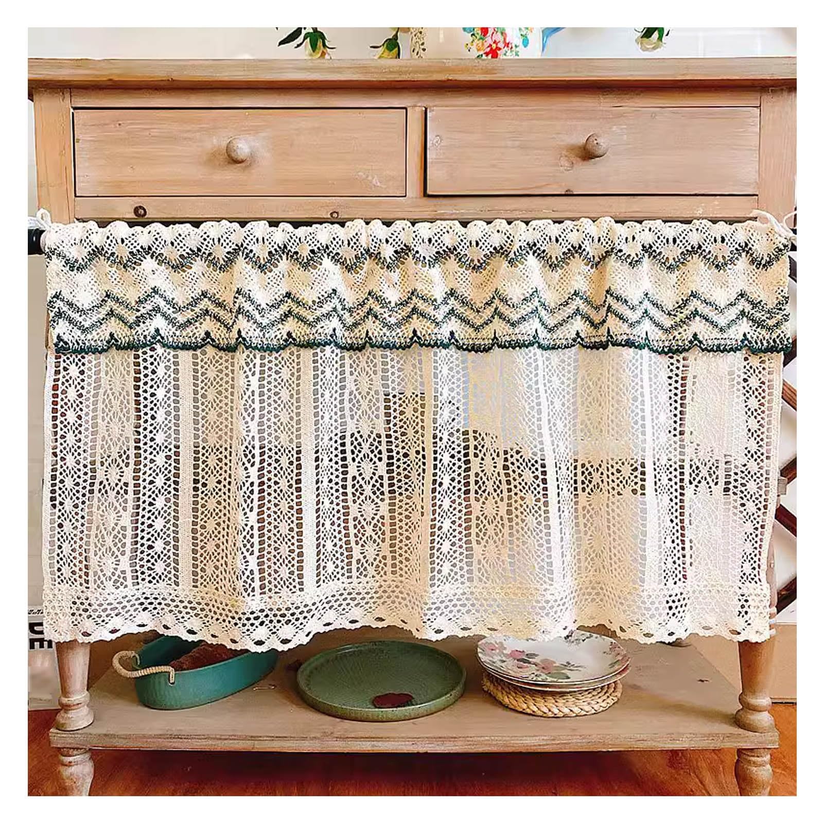 Cantonnière en dentelle creuse en coton finitions shabby chic
