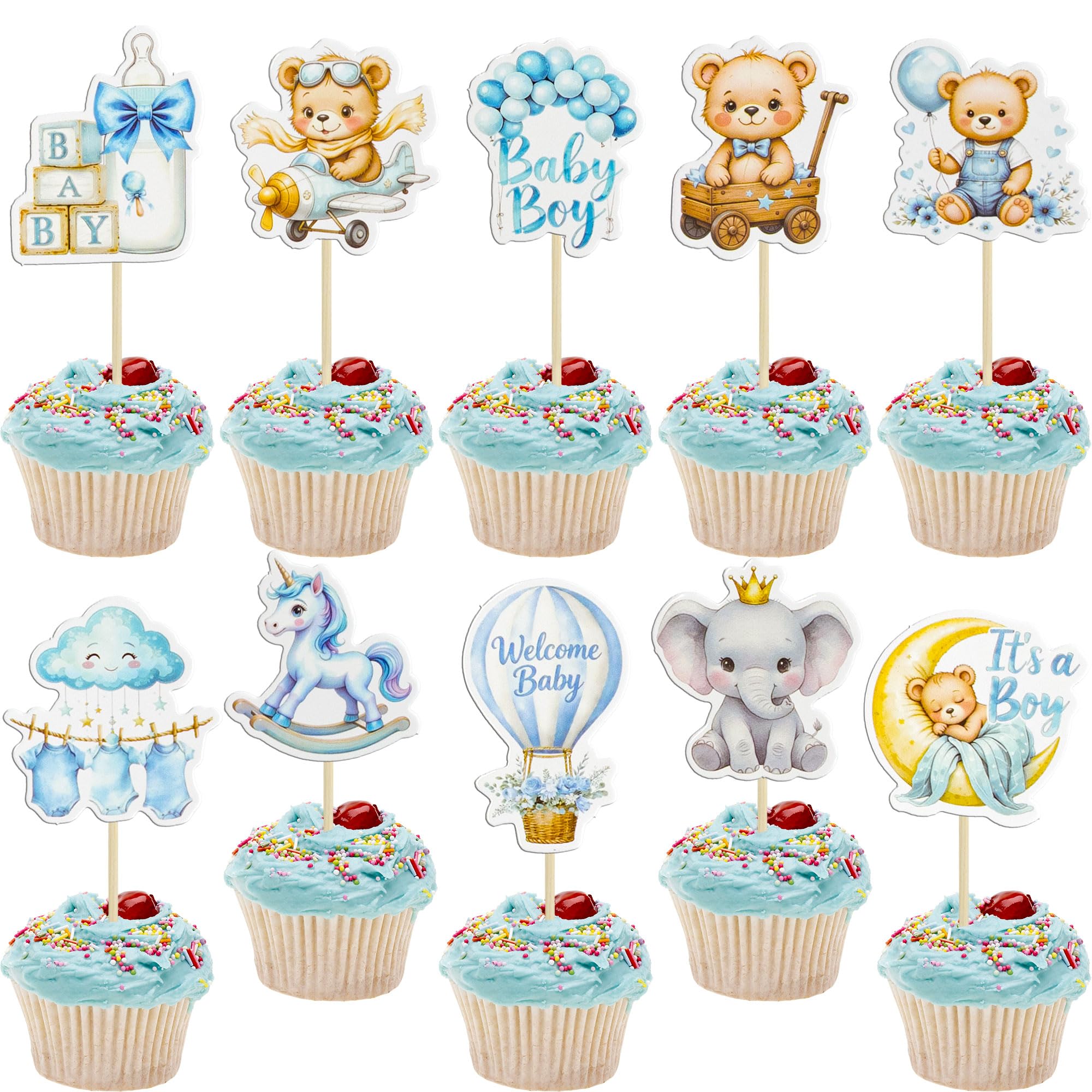 Gyufise 40Pcs Baby Girl Cupcake Toppers Baby Shower Decorations for Girls Rainbow Balloon Elephant Bear It's a Boy Cupcake Picks for Baby Shower Birthday Party Supplies Blue White โ image 1
