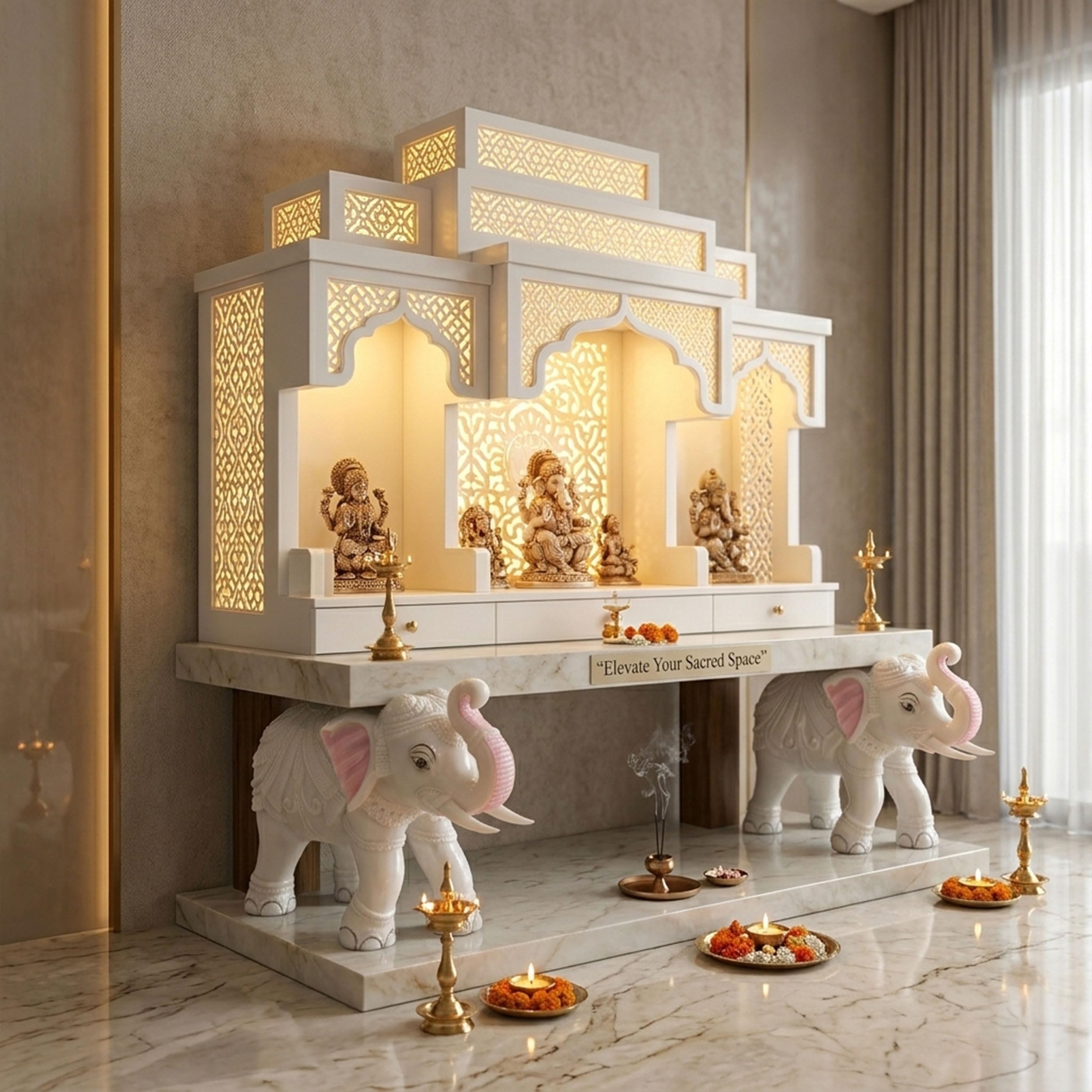 Heavy White Elephant Pair for Mandir Base & Home Temple Decor | 8x10.5 inch Solid Marble Dust Resin Elephant Statues for Corian Mandir Entrance | Vastu Showpiece Set for Living Room — photo — 2 of 8