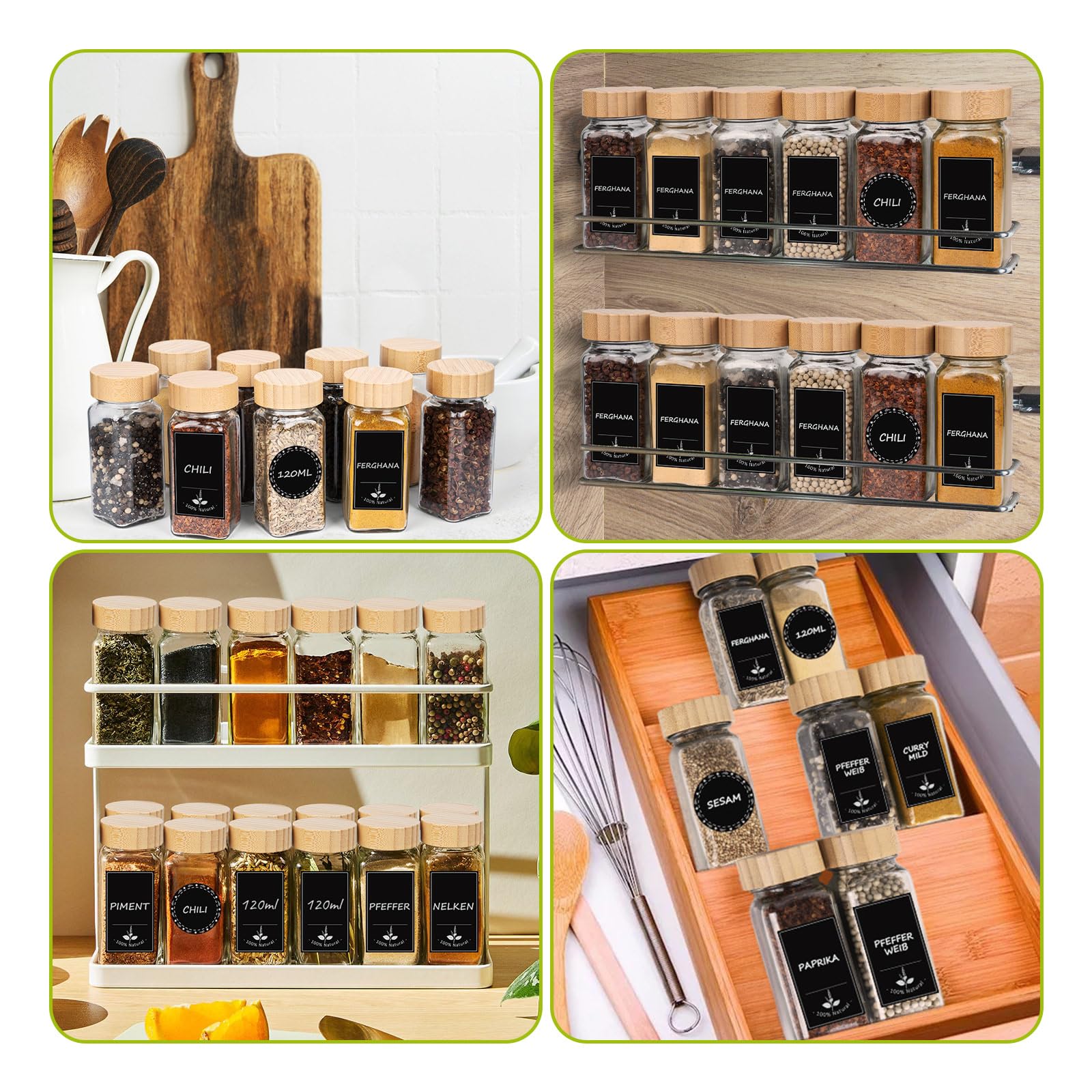 Gewürzgläser Eckig 12er Set 120ml, Gewürzdosen mit Streueinsatz, luftdichtem Schraubdeckel, Inkl. Trichter, Etiketten, Marker & Reinigungsbürste, Gewürzbehälter Glas für Küche & Schublade, HolzDeckel