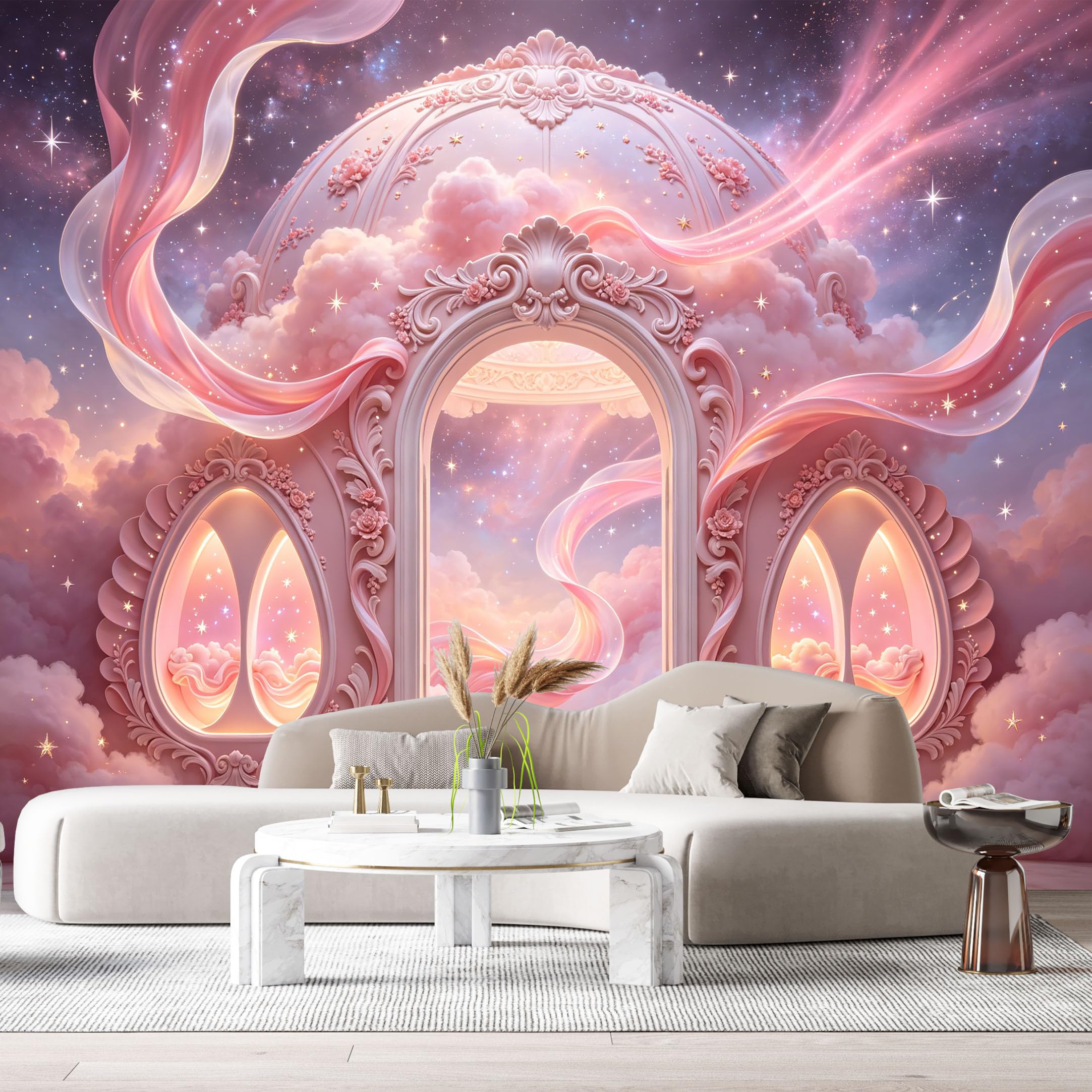 Custom Size Wall Murals Surreal Gateway Celestial Realm Floral Pink Clouds 3D Trompe L'Oeil SelfAdhesiveWall Fabric Removable Wallpaper Wall Decor for Living Room Bedroom Bathroom