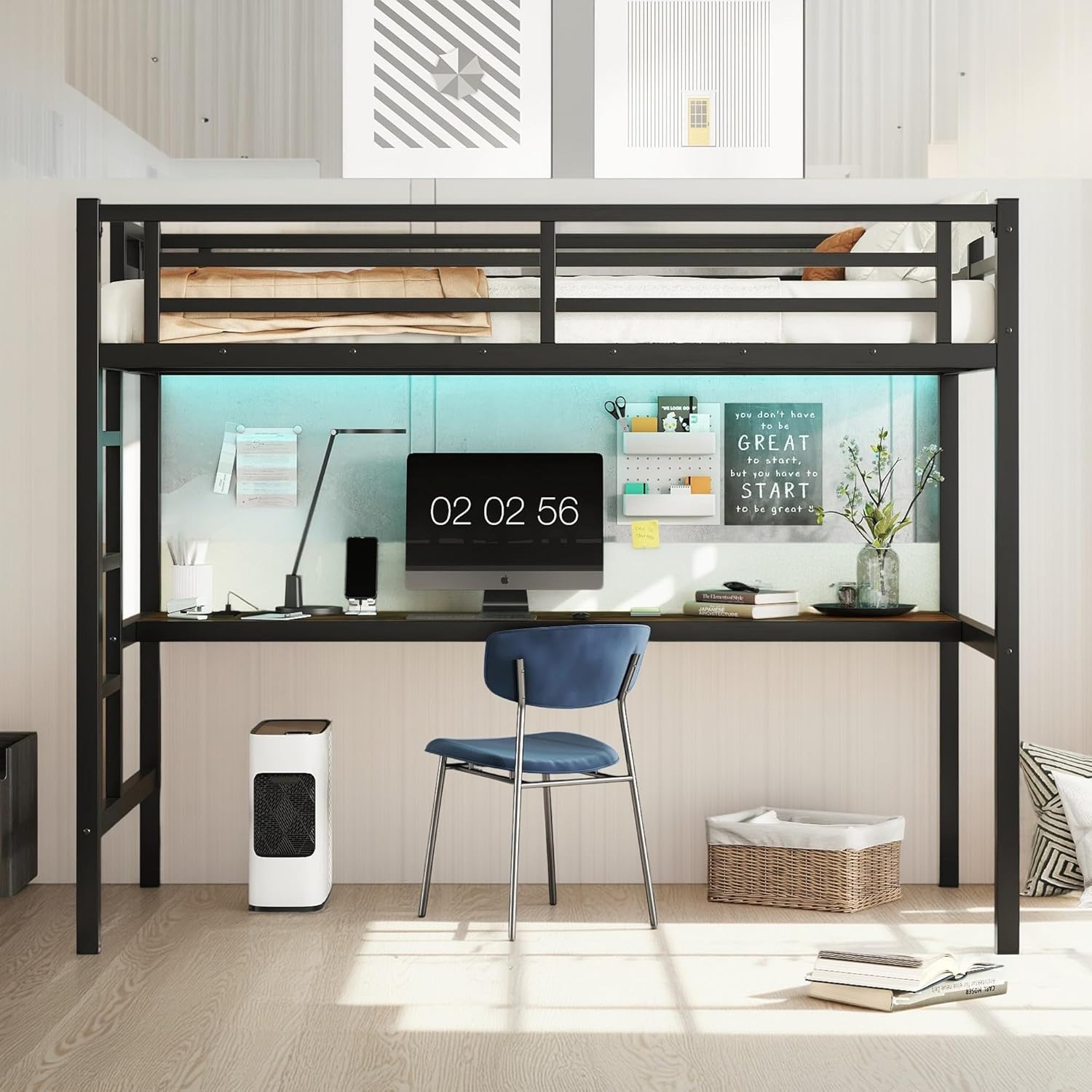 metal twin xl size loft bed with power outlet and lighted, noise reduced loft bed frame w/ladder & guardrails, no box spring needed, for teens and adults, black