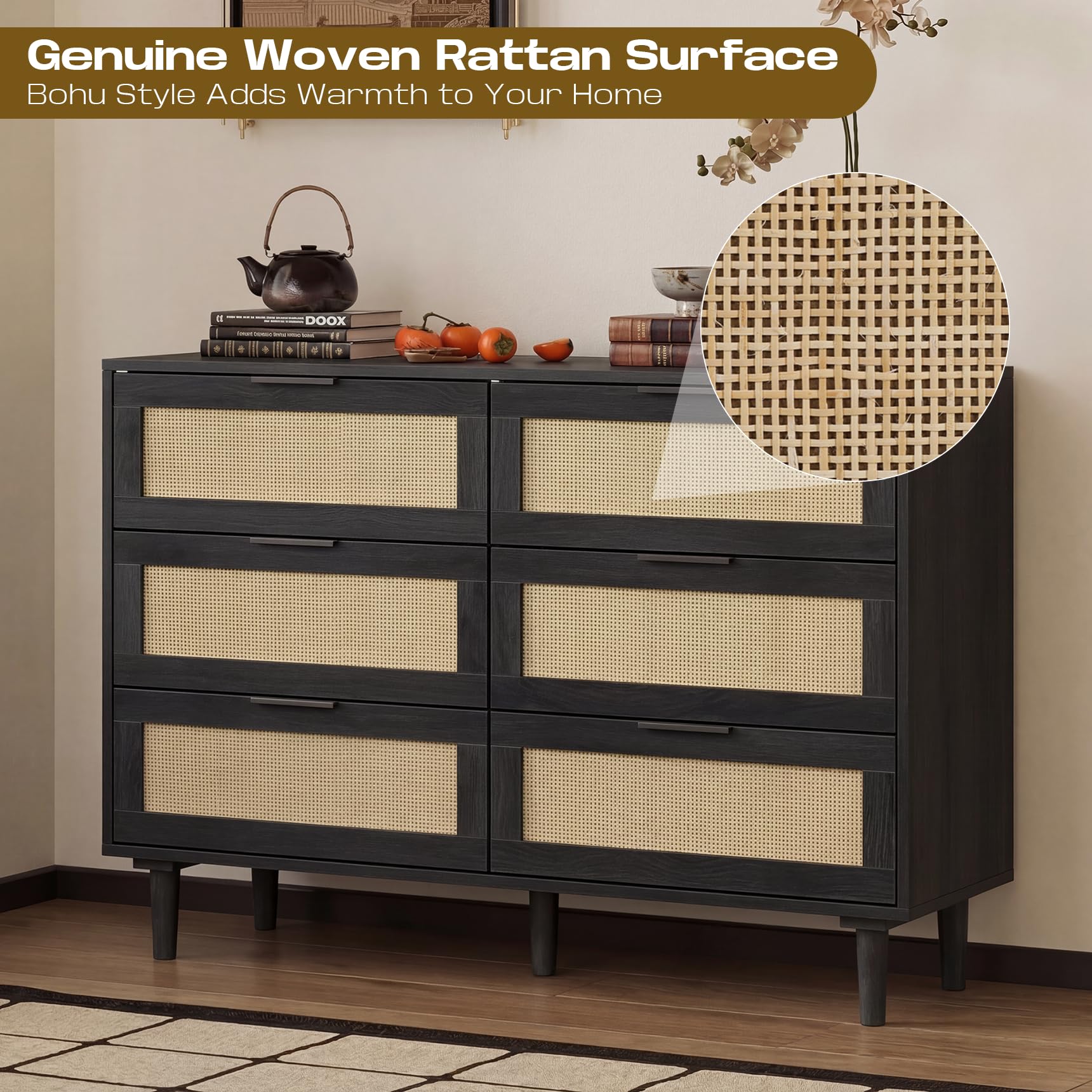 FUQARHY 6 Drawer Rattan Dresser Modern Wood Chest with Storage Drawers : Home & Kitchen