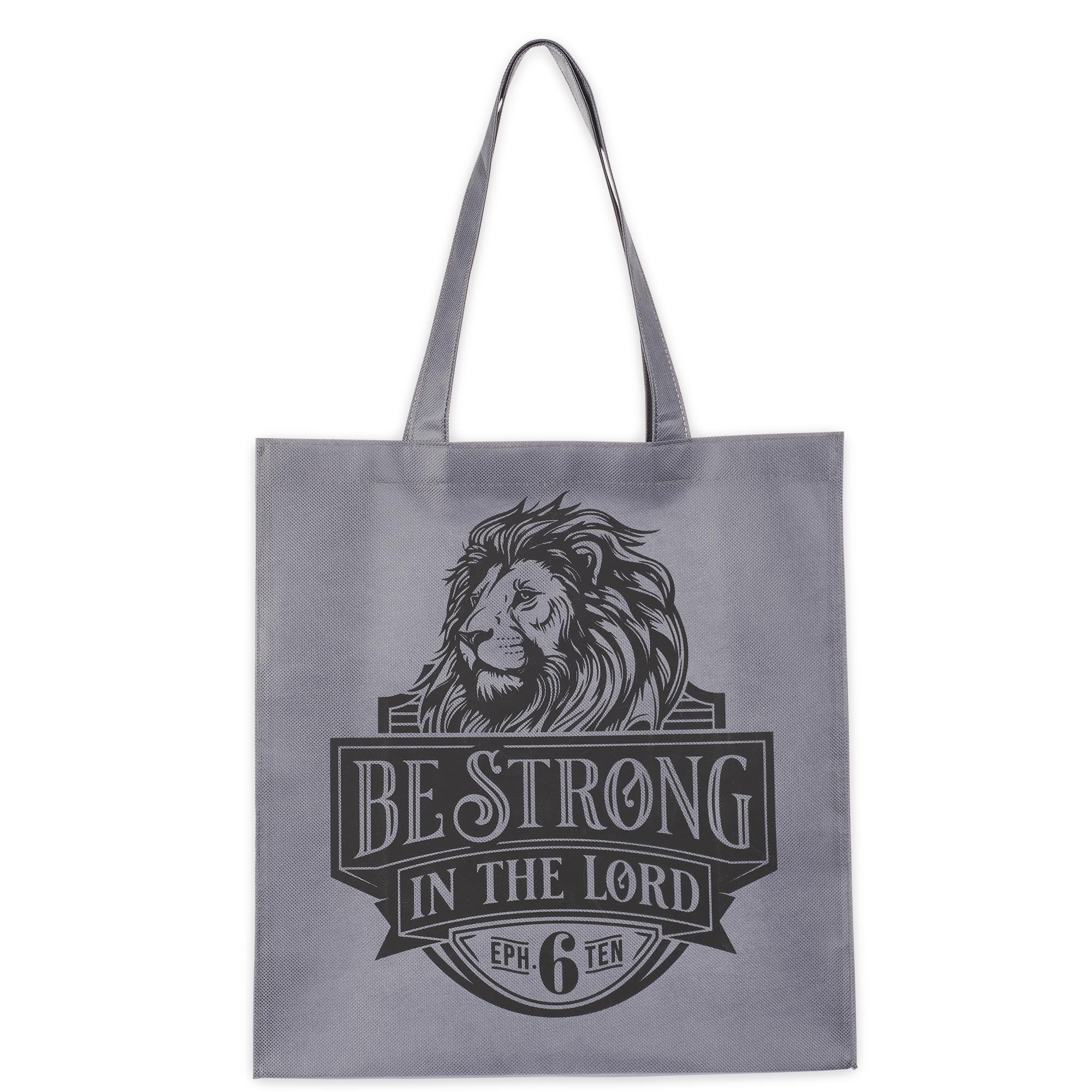 Christian Art Gifts Large Reusable Shopping Tote Bag for Men & Women: Be Strong Inspirational Bible Verse Durable Lion Handbag, Travel, Groceries, Reinforced Easy-Carry Handles, Charcoal Gray & Black