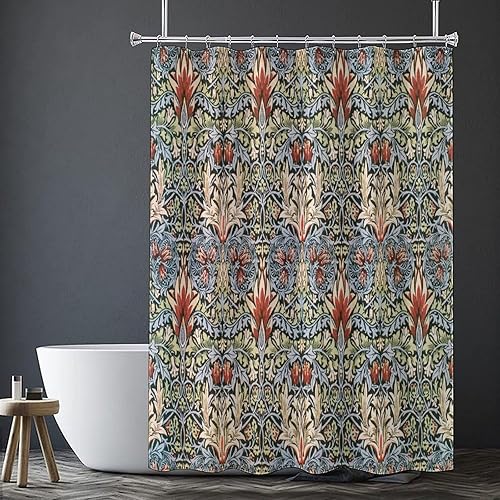 Miniatura 5 de William Morris - Cortina de ducha con estampado de pájaros azules, poliéster impermeable con 12 ganchos, 72 x 72 pulgadas