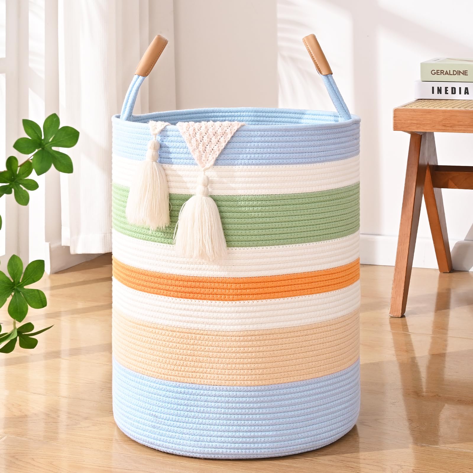 Large Laundry Basket, Laundry Hamper with Leather Handles, 90L Woven Dirty Clothes Hamper, Rope Hampers for Bedroom, Barthroom, Rainbow
