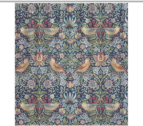 Cortina de ducha vintage William Morris, diseño original de ladrón, color verde fresa, juego de cortina de ducha para baño, tela resistente,
