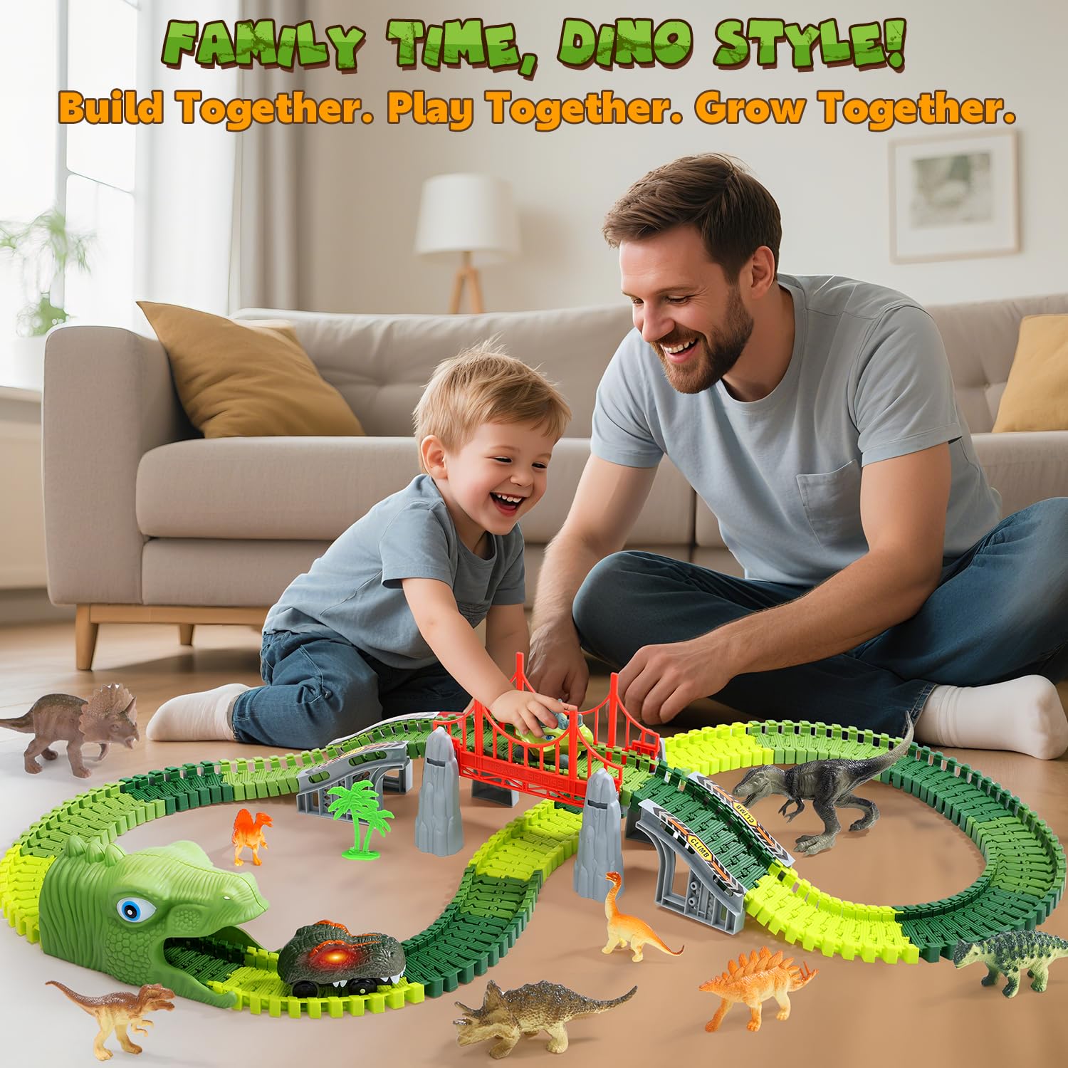EagleStone Dinosaurier Rennbahn Set – 225 Teile Flexible Rennstrecke, 1 elektrisches Dino Auto mit Licht, 8 Dino Figuren, Dino Tunnelkopf, Weihnachts Geburtstagsgeschenk für Kinder von 3 bis 8 Jahren