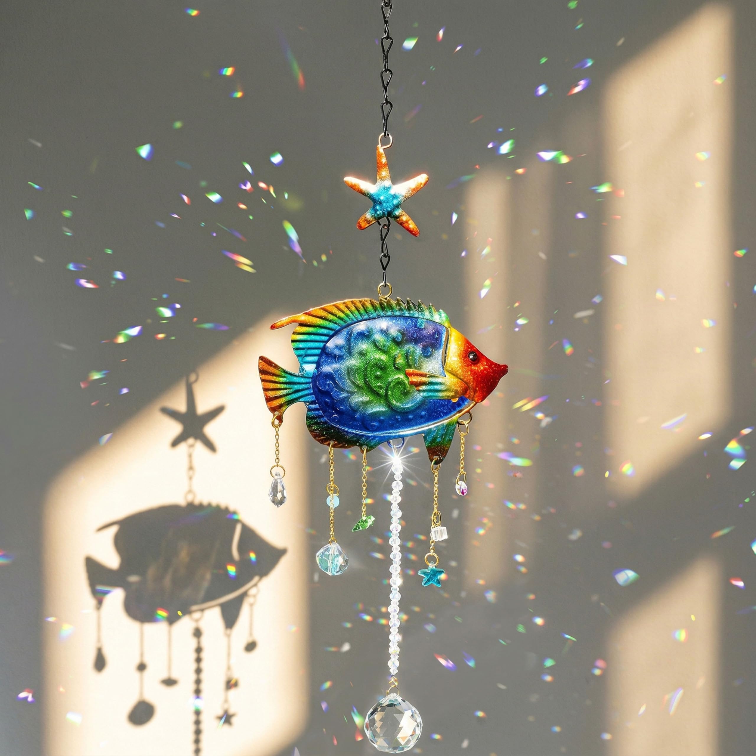 HDCRYSTALGIFTS Tropical Fish Crystal Suncatcher for Window Hanging Prism Interior Window Catchers Coastal Metal Suncatcher for Beach Ocean Garden Decoration-image-4