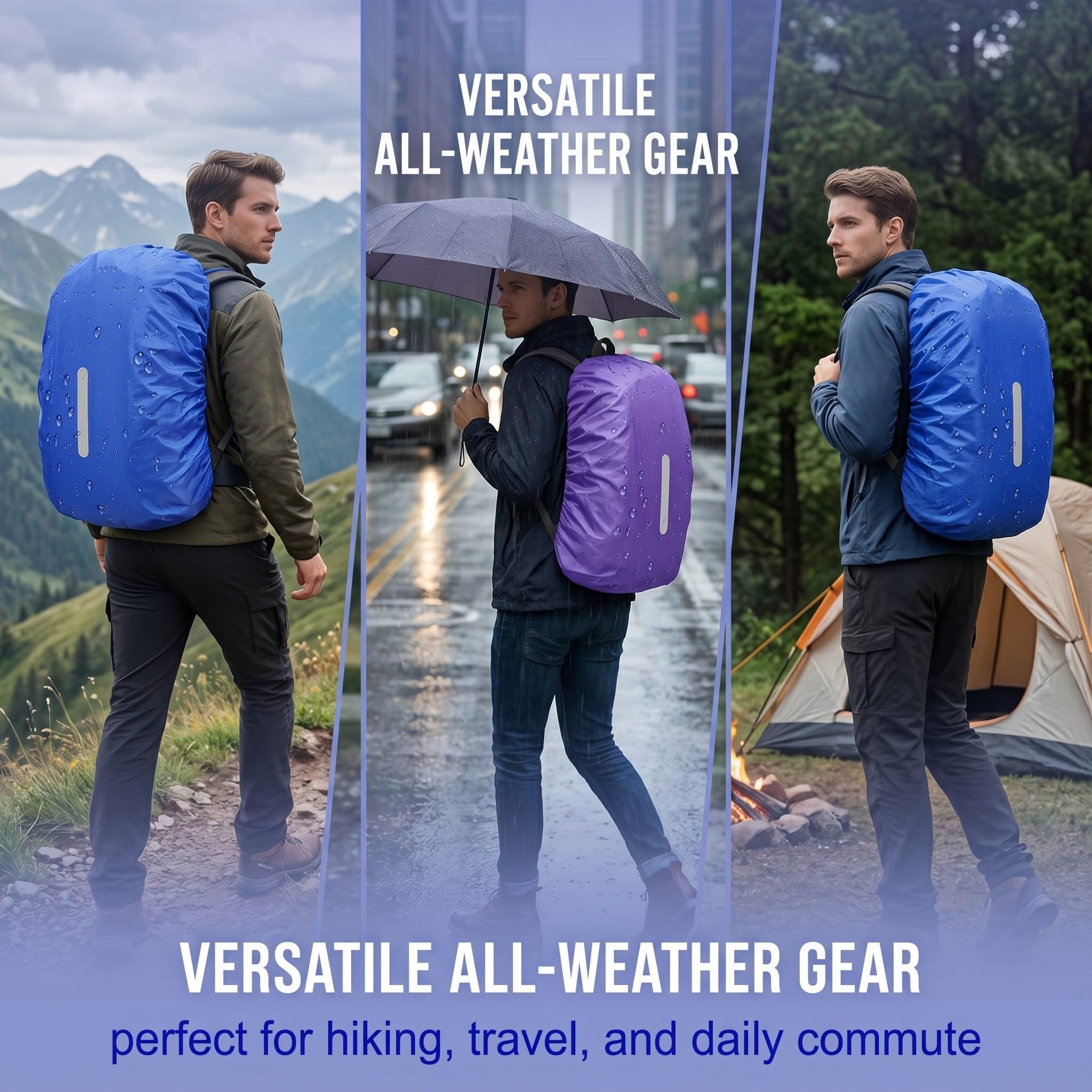 Coprizaino Antipioggia Impermeabile 40-50L con Strisce Riflettenti per Trekking Escursionismo Campeggio, 2 Pezzi Blu e Viola